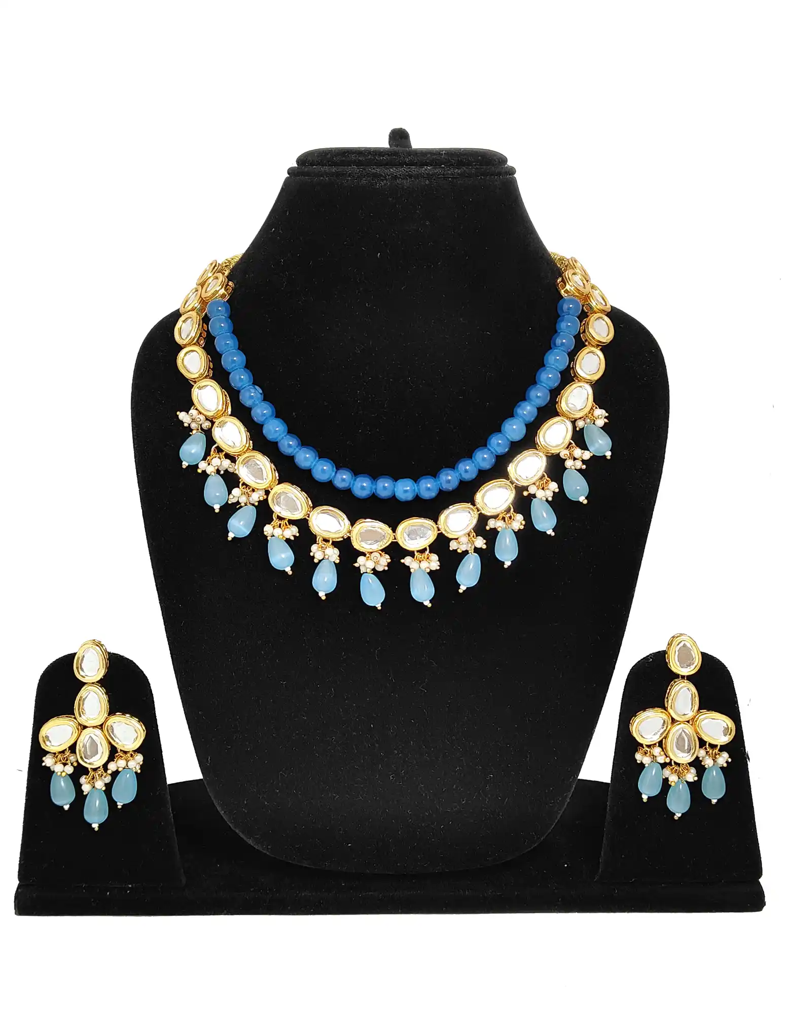 Main View of Sky Blue Pearl Kundan Set - Sky Blue Sky Blue Pearl Kundan Set - Image 4