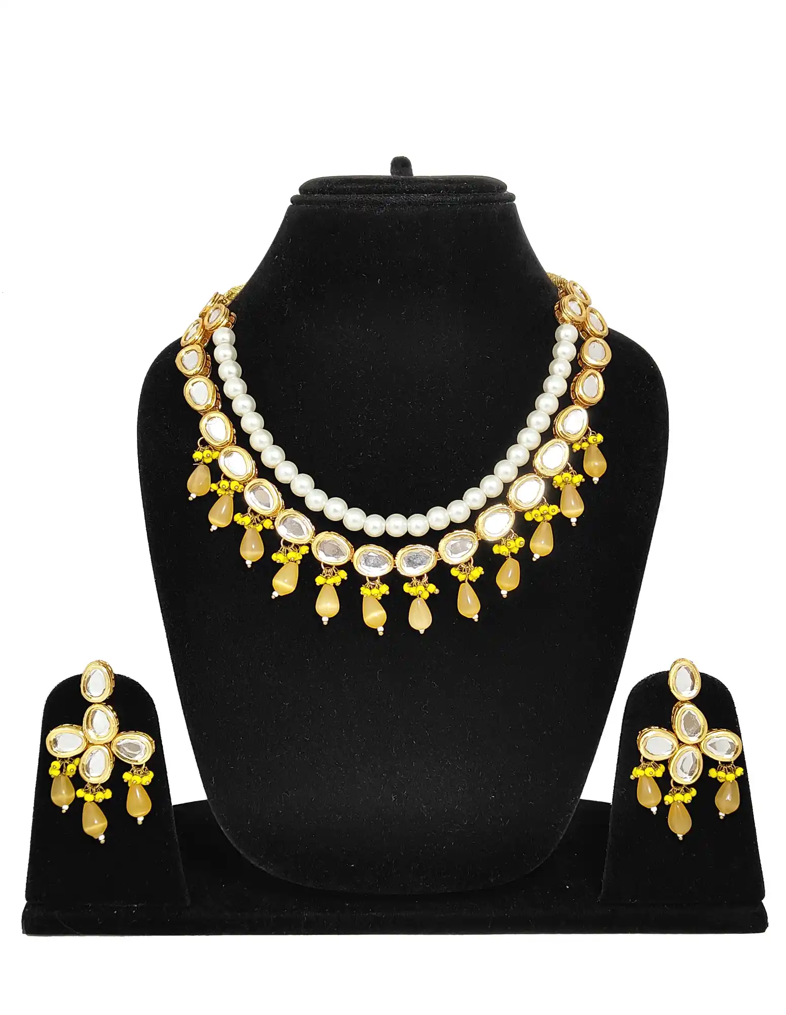 Main View of Yellow Pearl Kundan Set - Yellow Yellow Pearl Kundan Set - Image 3