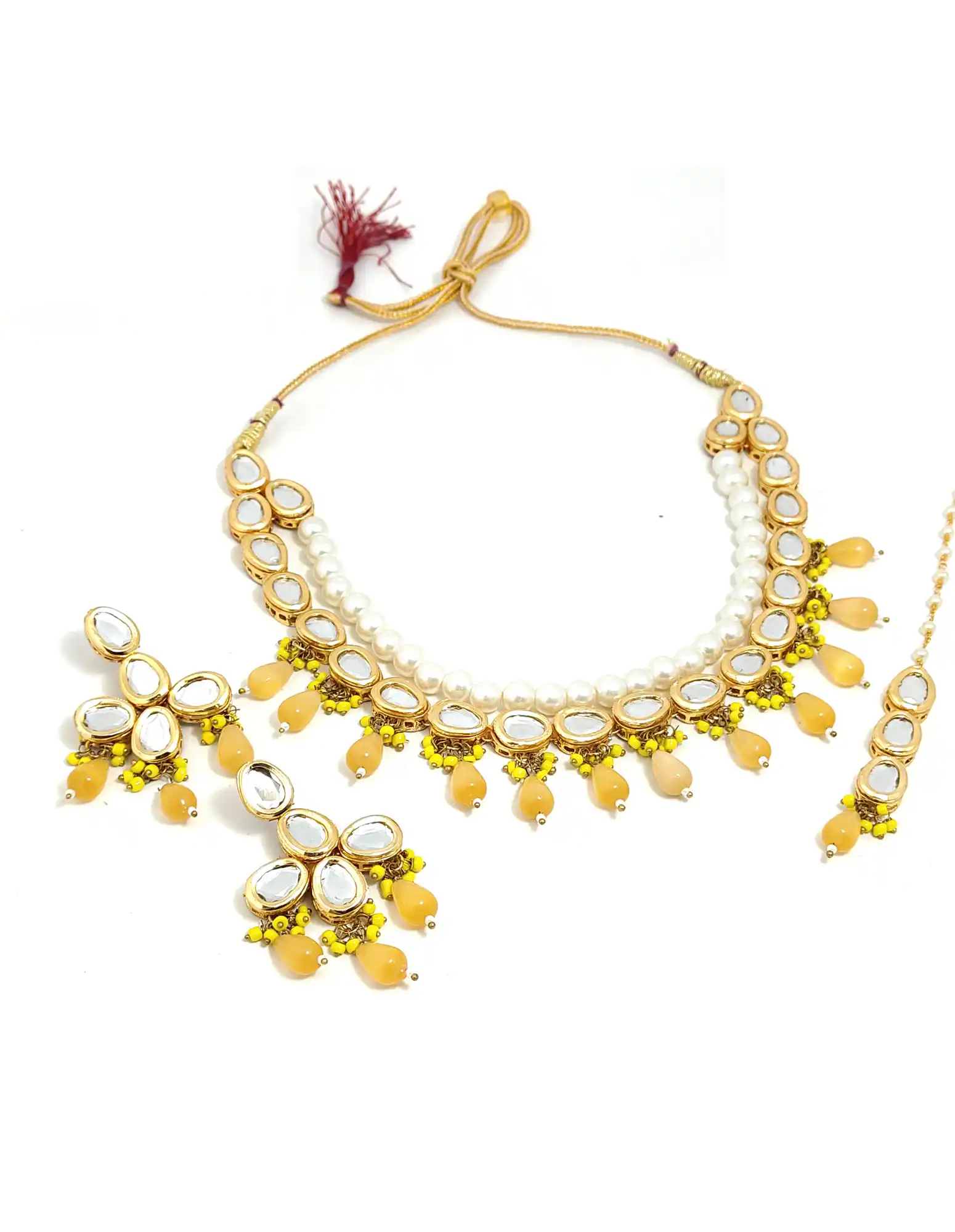 Front Necklace of Yellow Pearl Kundan Set - Yellow Yellow Pearl Kundan Set - Image 4