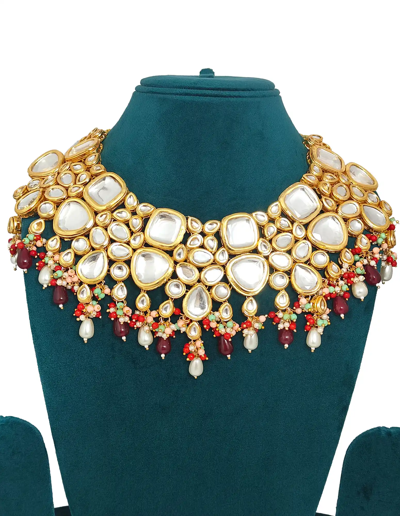 Gold Plated Maroon Bridal Jewellery Set - Multicolor Kundan Bridal Set - Image 3