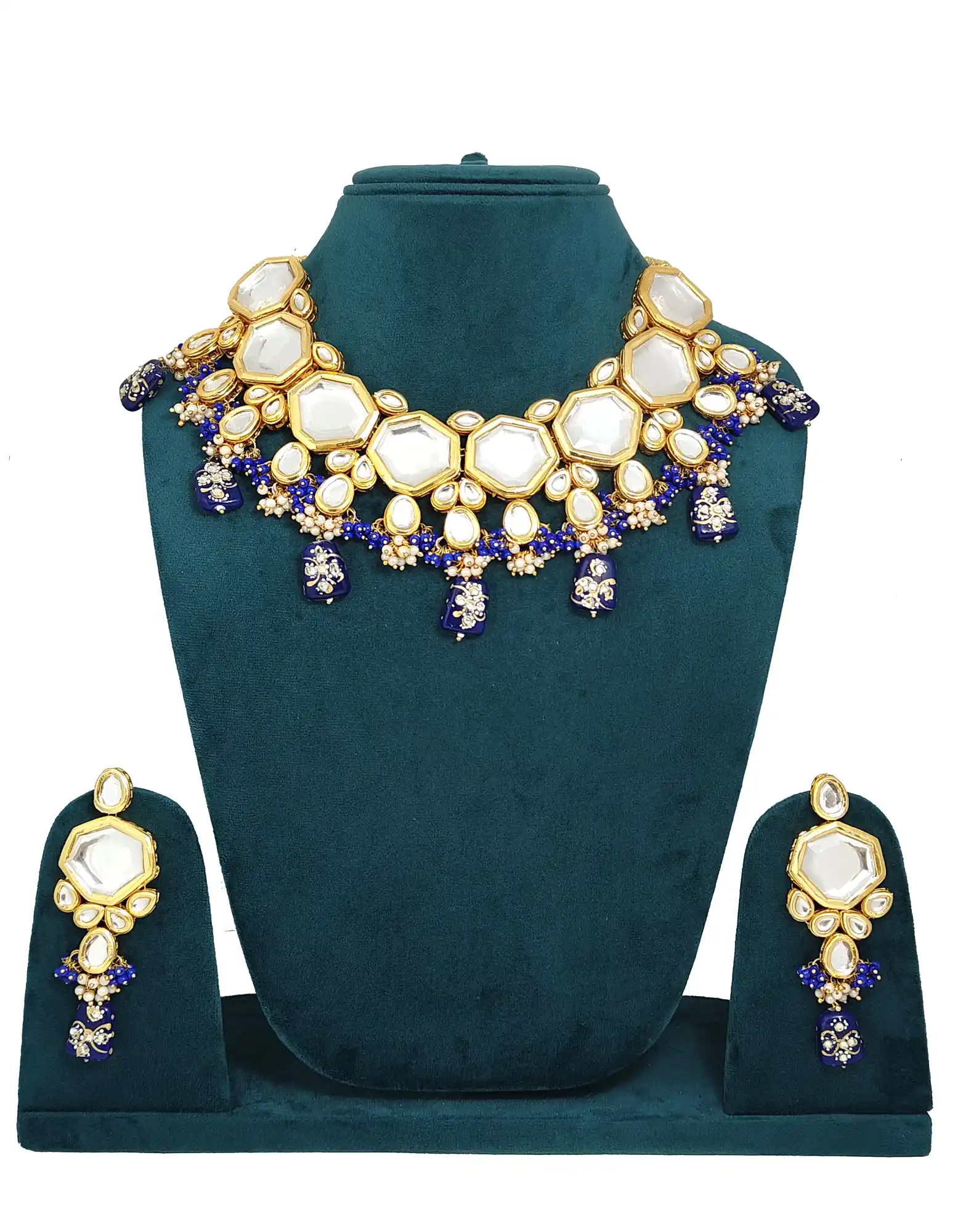 Gold Plated Studded Blue Beaded Set - for jewellery making
