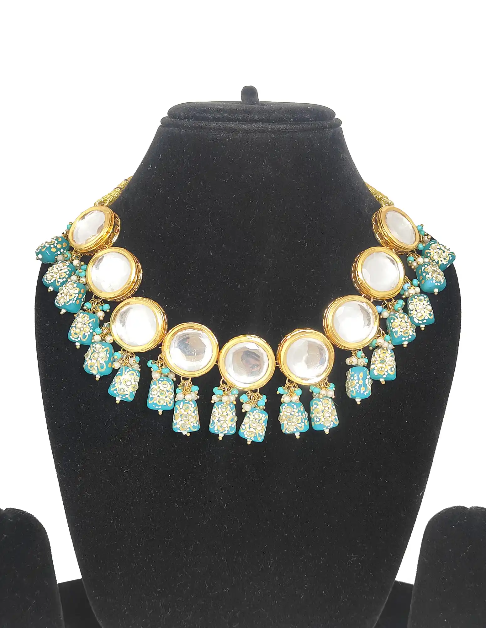 Blue Studded Beaded Kundan Necklace Set- Front