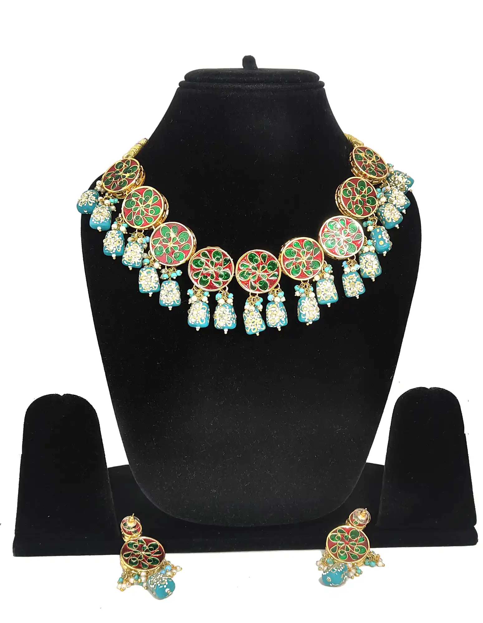Blue Studded Beaded Kundan Necklace Set-Back Side - Blue Studded Beaded Kundan Necklace - Image 3