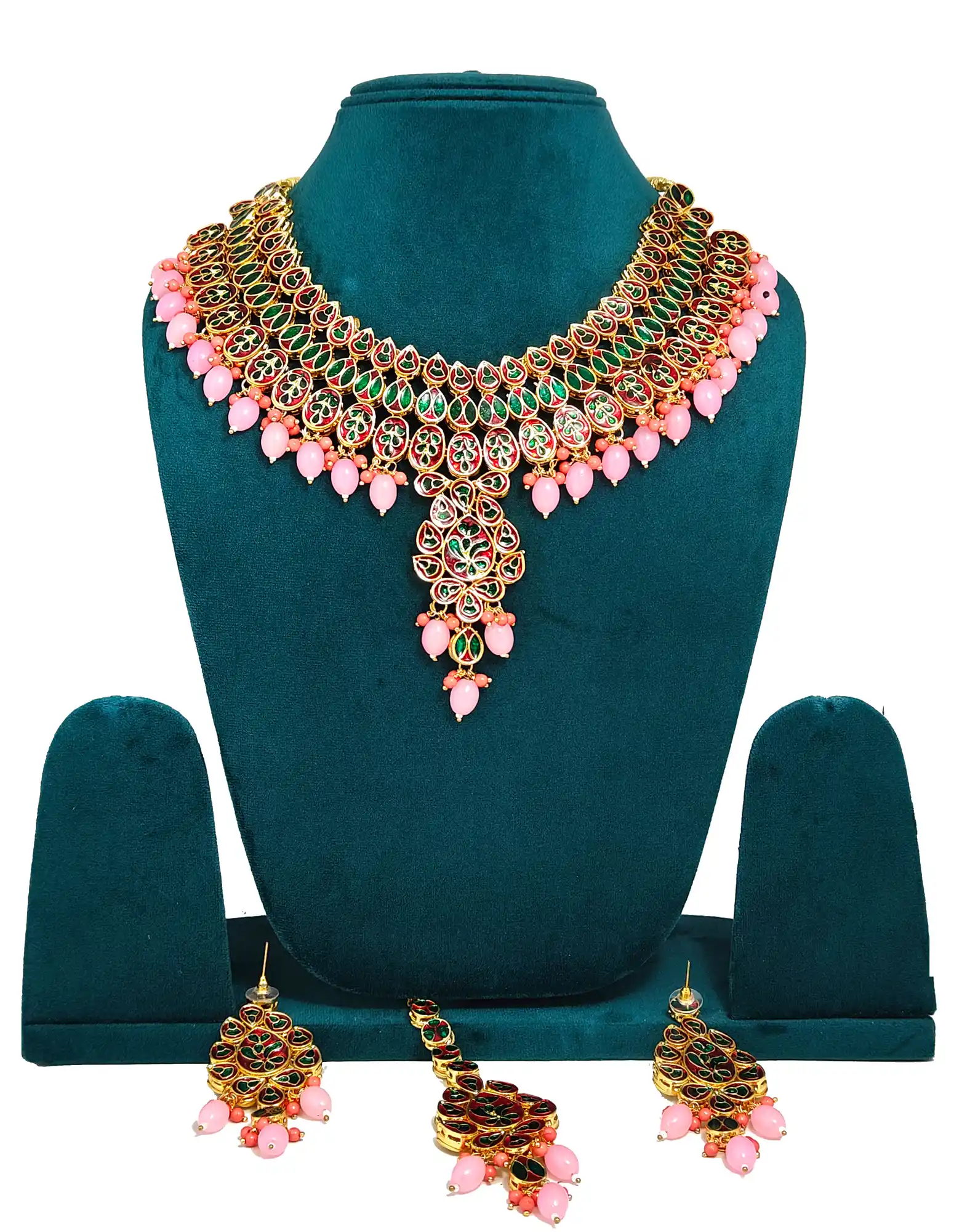 Back Side Meenakari Meenakari Pink Kundan Necklace - Pink Kundan Necklace Set - Image 4