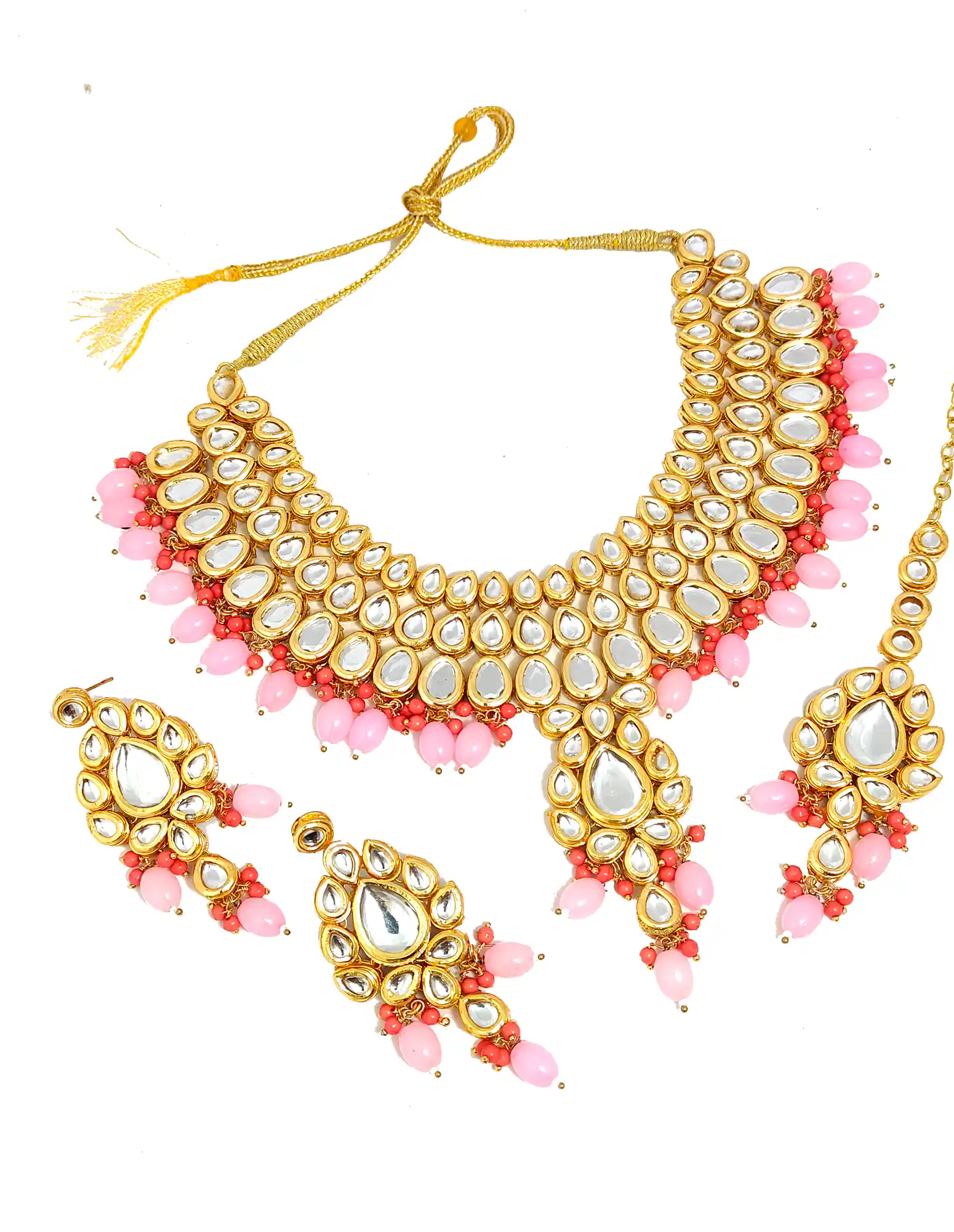 Pink Beads and Pearls Kundan Meenakari Necklace - Pink Kundan Necklace Set - Image 5
