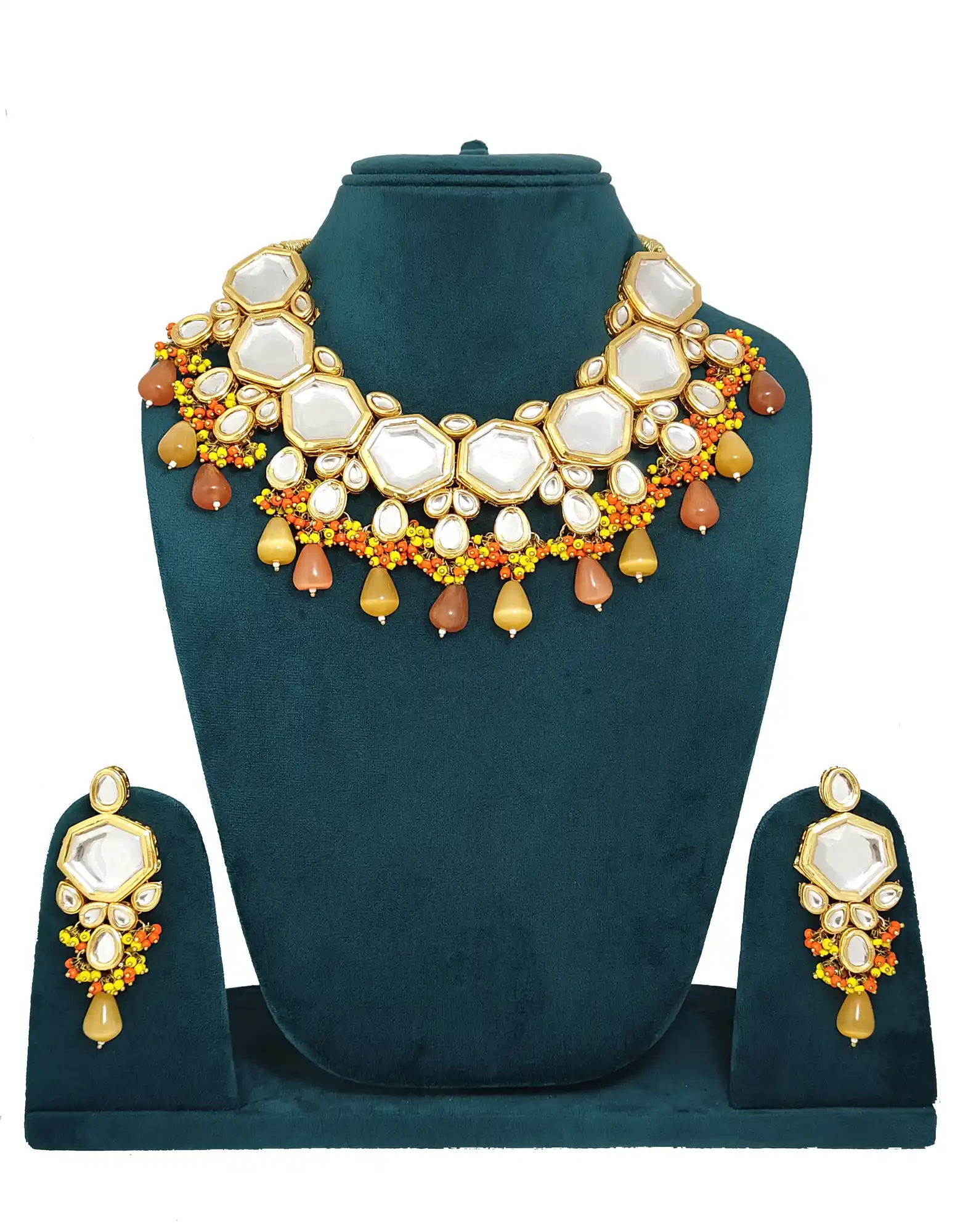 Orange-Yellow Kundan Necklace SetOrange-Yellow Kun