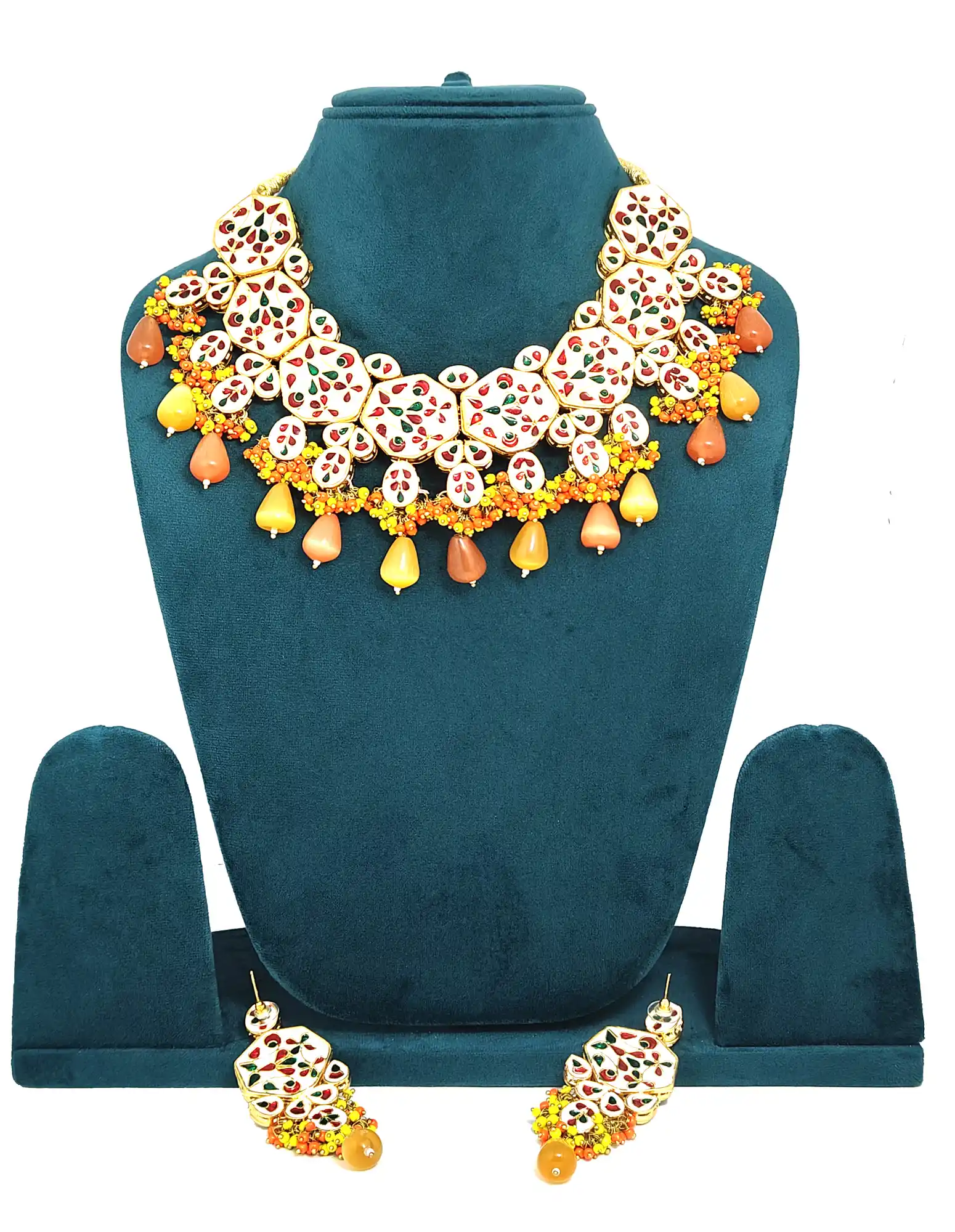 Back Meenakari Orange Yellow Neckalce Set