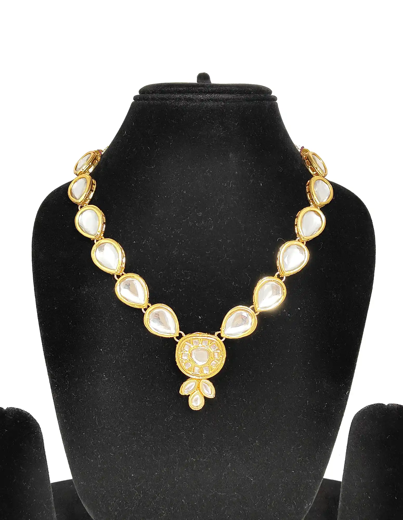 Front of Gold Plated Traditional Kundan Locket Set - Golden Kundan Jewellery - Image 3