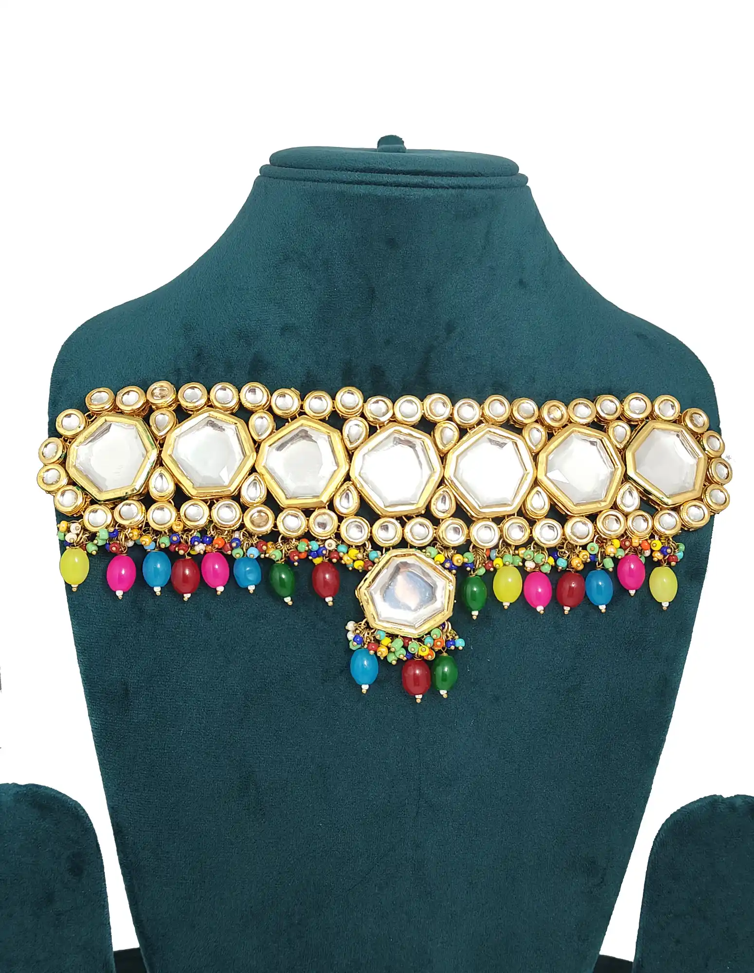 Gold Toned Kundan Studded Choker - Multicolor Kundan Studded Choker Set - Image 3