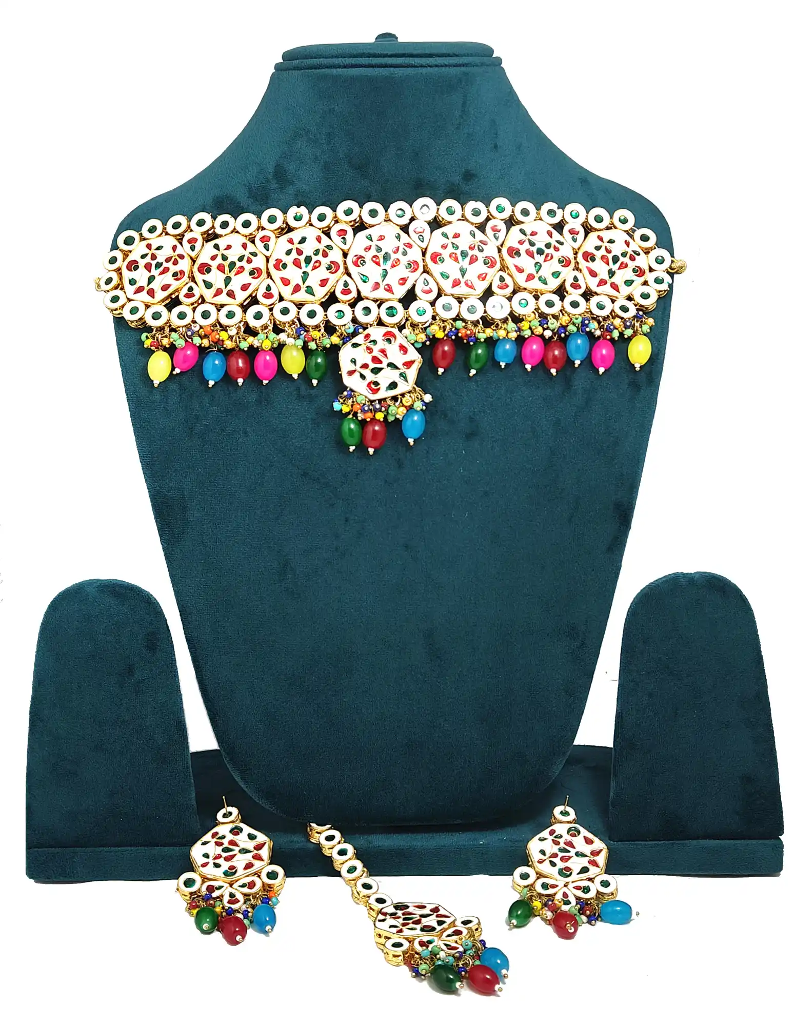 Gold Toned Kundan Studded Choker - Multicolor Kundan Studded Choker Set - Image 4