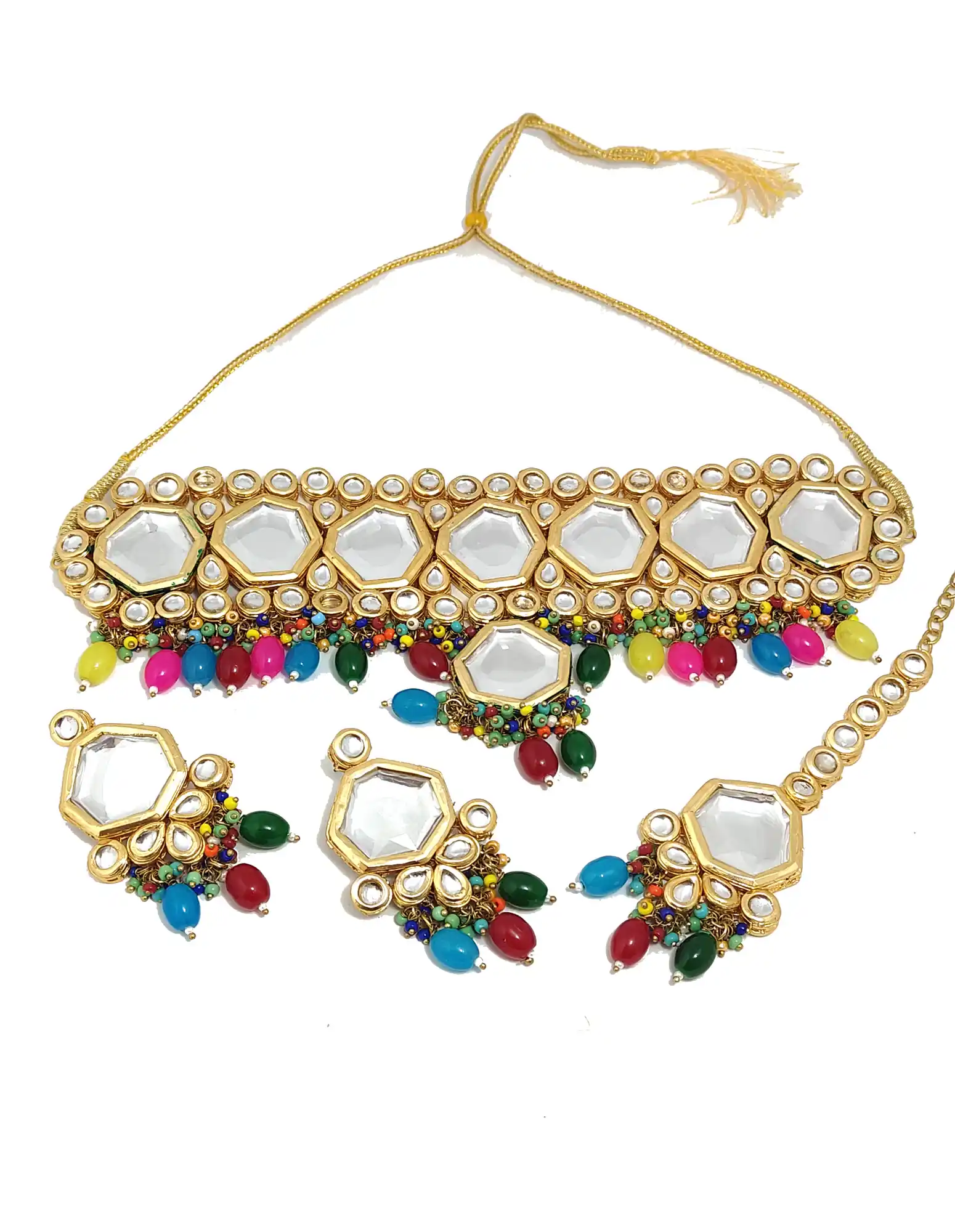 Gold Toned Kundan Studded Choker - Multicolor Kundan Studded Choker Set - Image 5