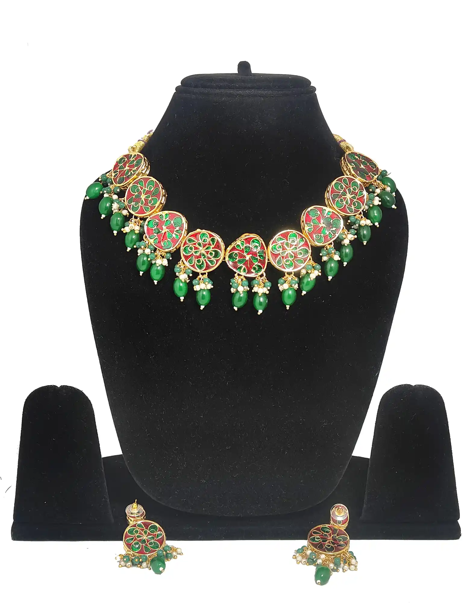 Green Necklace and Earring Set-Back View - Green Green Kundan Necklace Set - Image 3