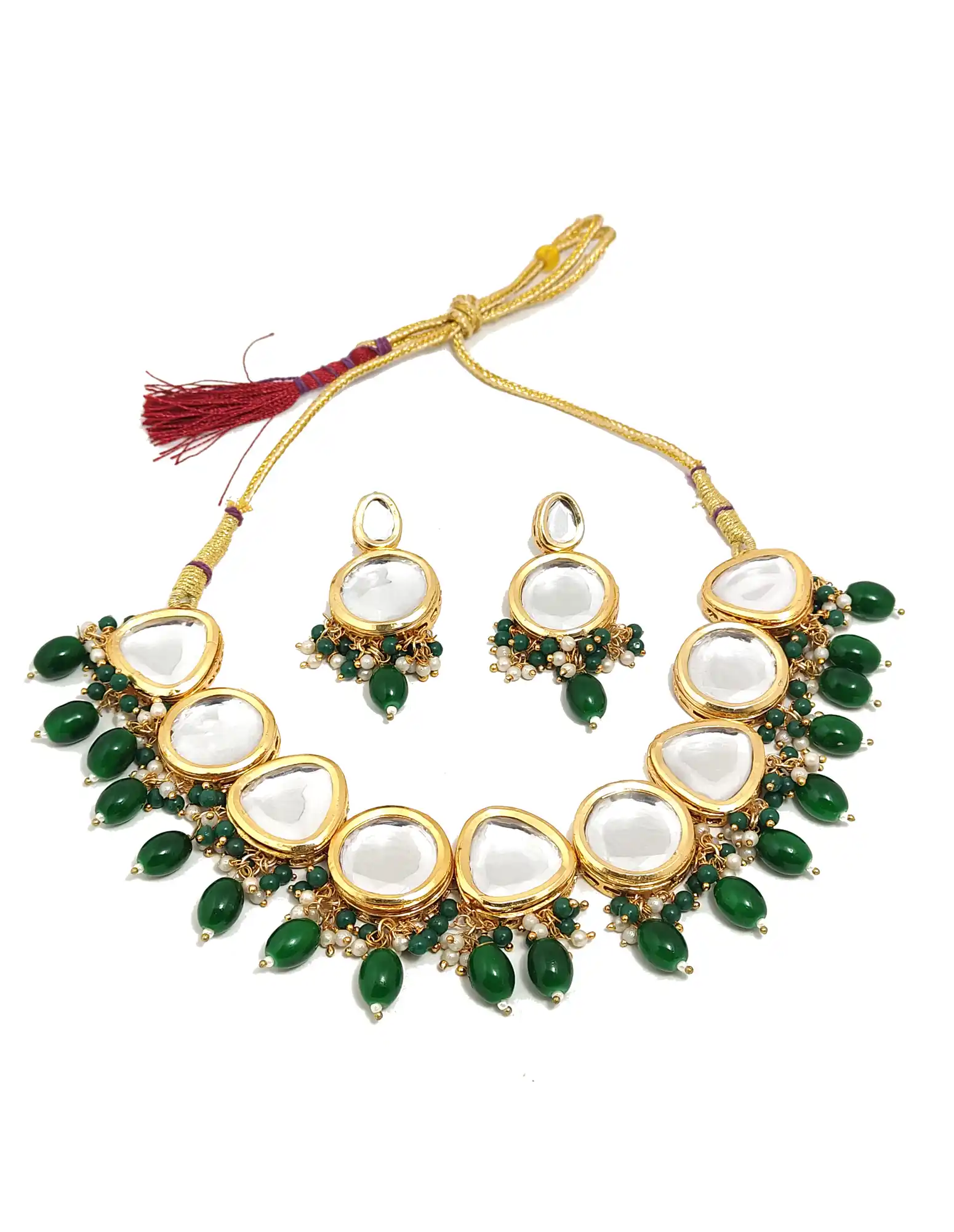 Green Necklace and Earring Set-Main View - Green Green Kundan Necklace Set - Image 4