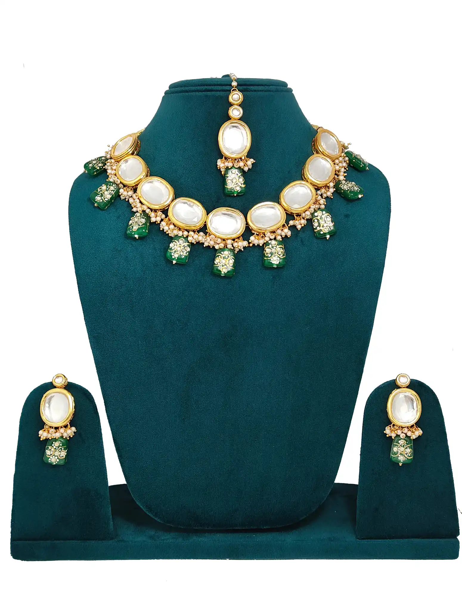 Kundan Green Beaded Necklace Set - for jewellery making