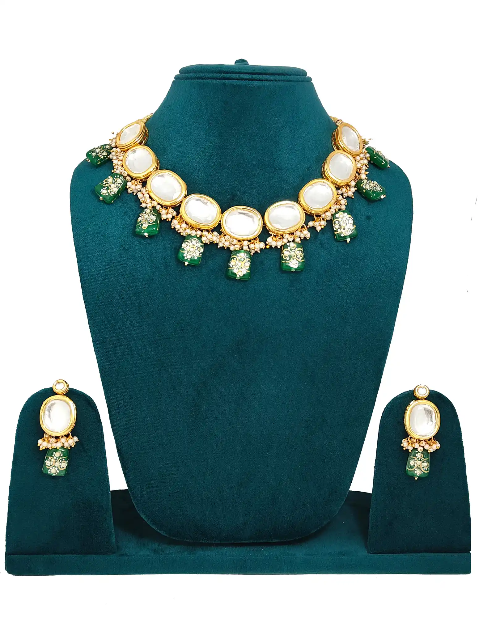 Main View of Kundan Green Beaded Necklace Set - Green Kundan Jewellery - Image 3
