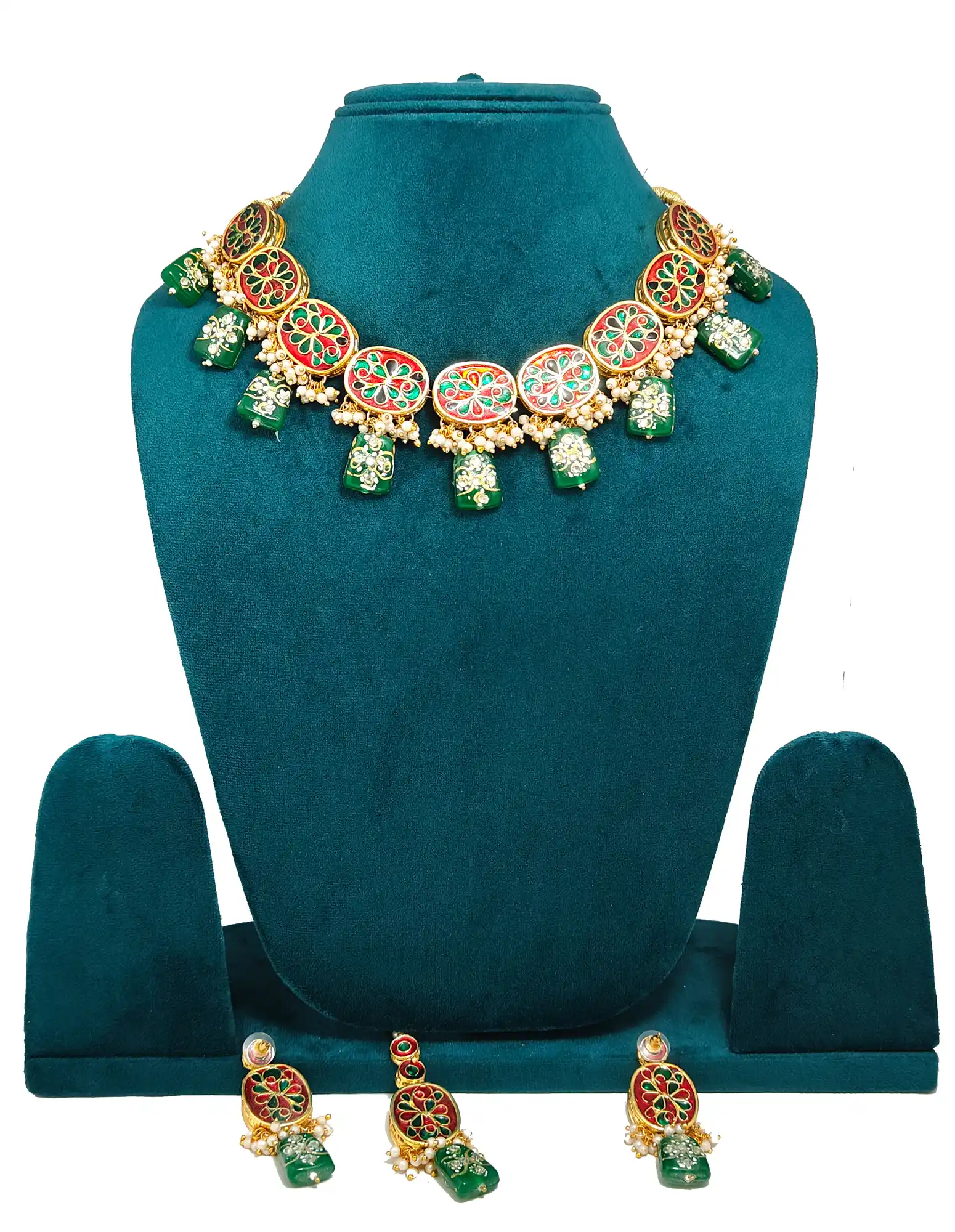 Back View of Kundan Green Beaded Necklace Set - Green Kundan Jewellery - Image 4