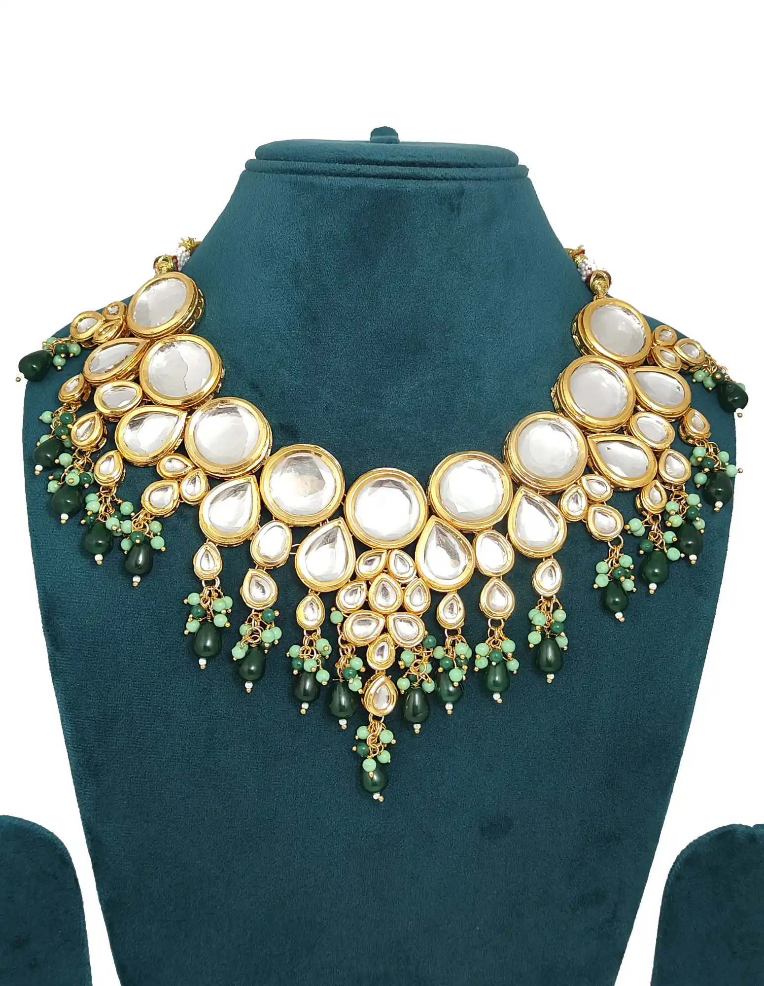 Front Necklace ofKundan Green Bridal Jewellery Set - Green Kundan Bridal Necklace Set - Image 3