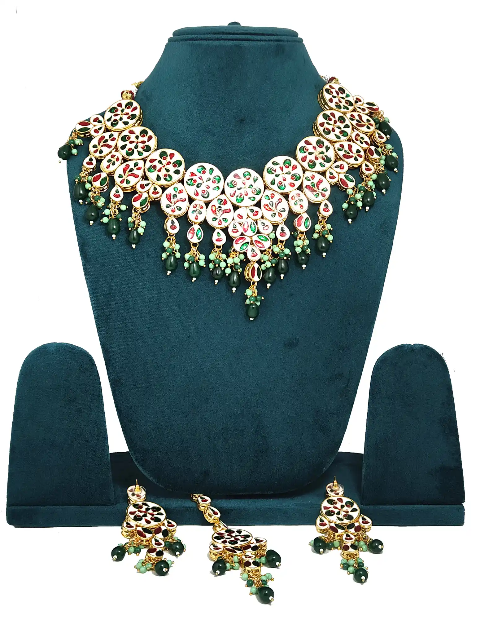 Back Necklace of Kundan Green Bridal Jewellery Set - Green Kundan Bridal Necklace Set - Image 4
