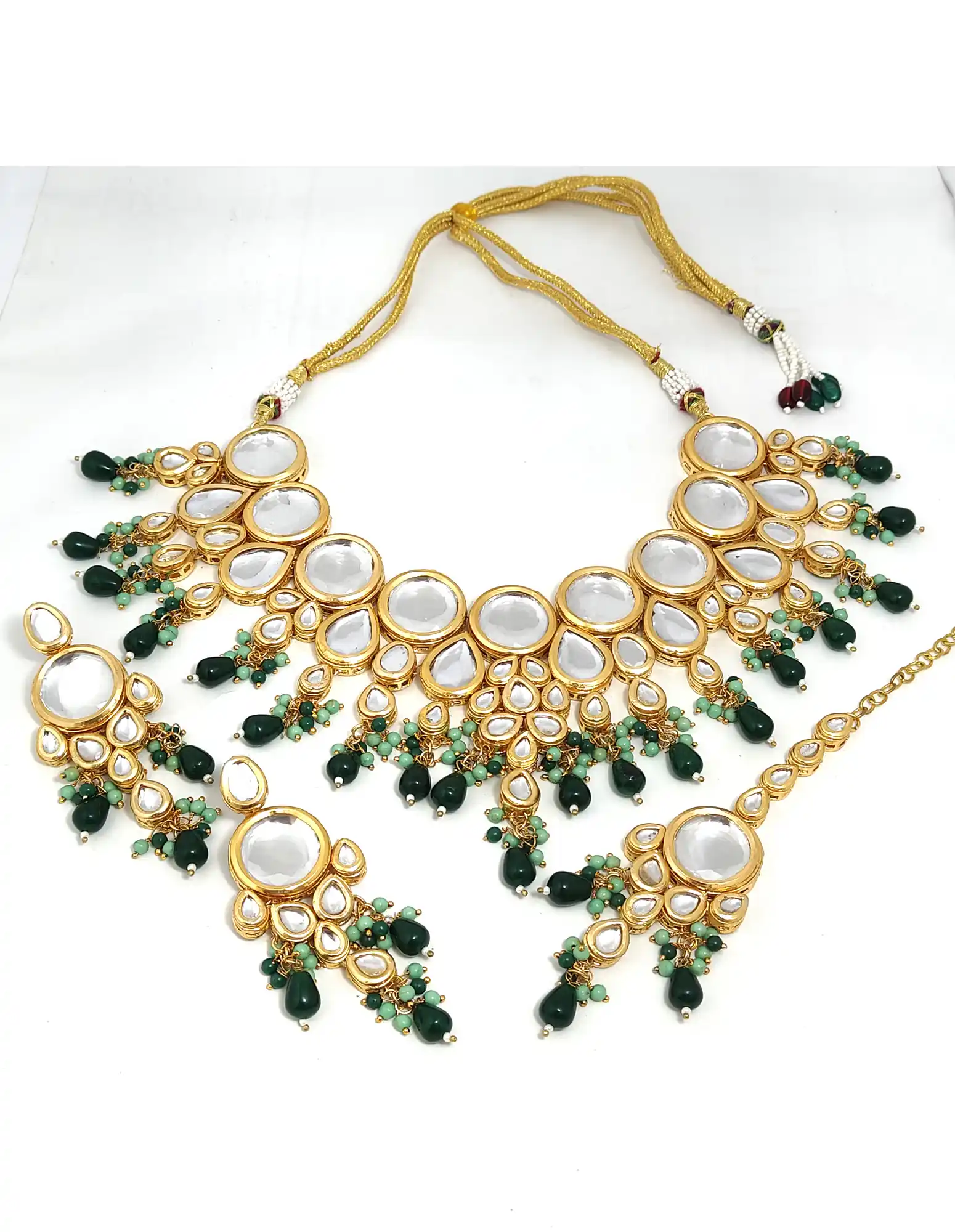 Kundan Green Bridal Jewellery Set for Girls - Green Kundan Bridal Necklace Set - Image 5