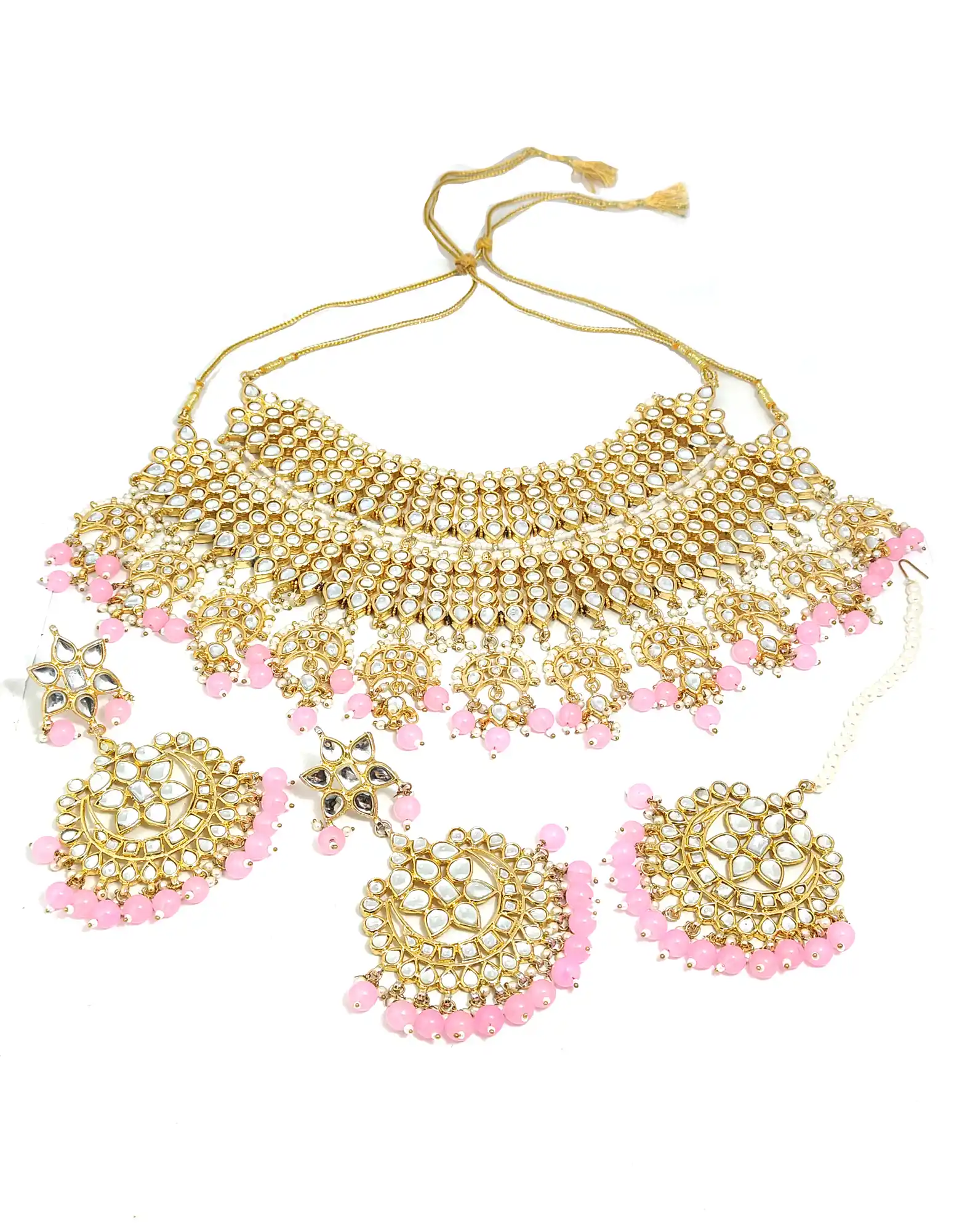 Heavy Bridal Pink Jewellery Sets - Necklace View - Red Kundan Jewellery - Image 4