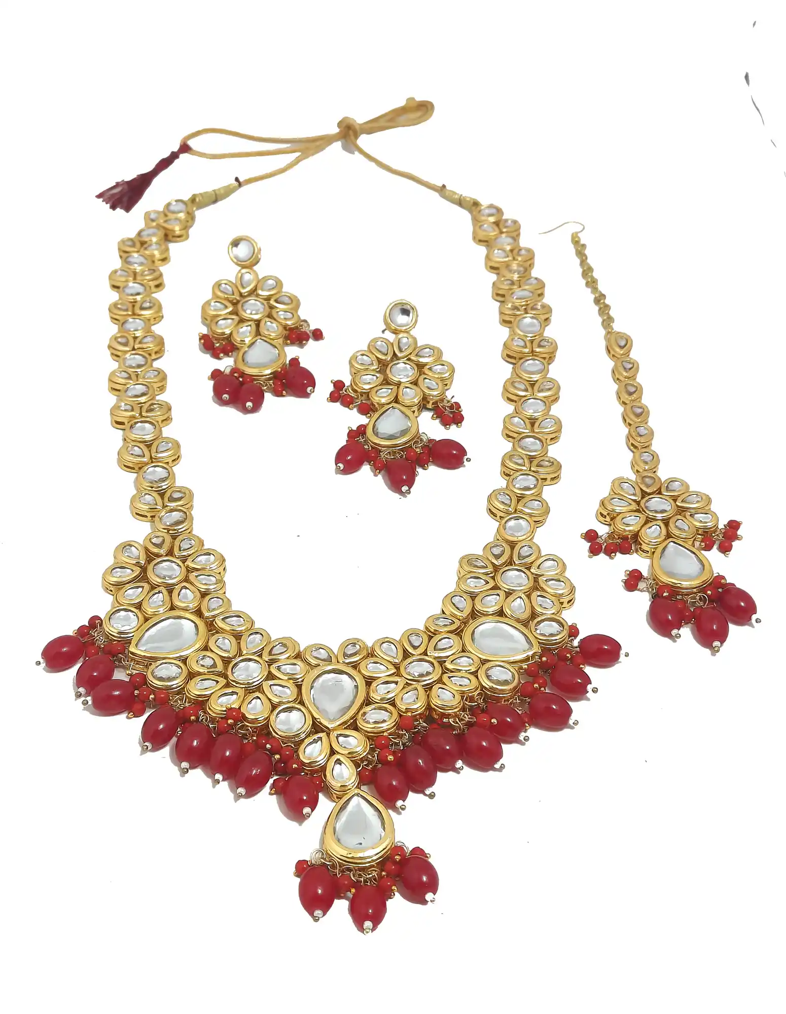 Kundan Necklace set with Red Beads - Front - Red Kundan Necklace set with Red Beads - Image 4