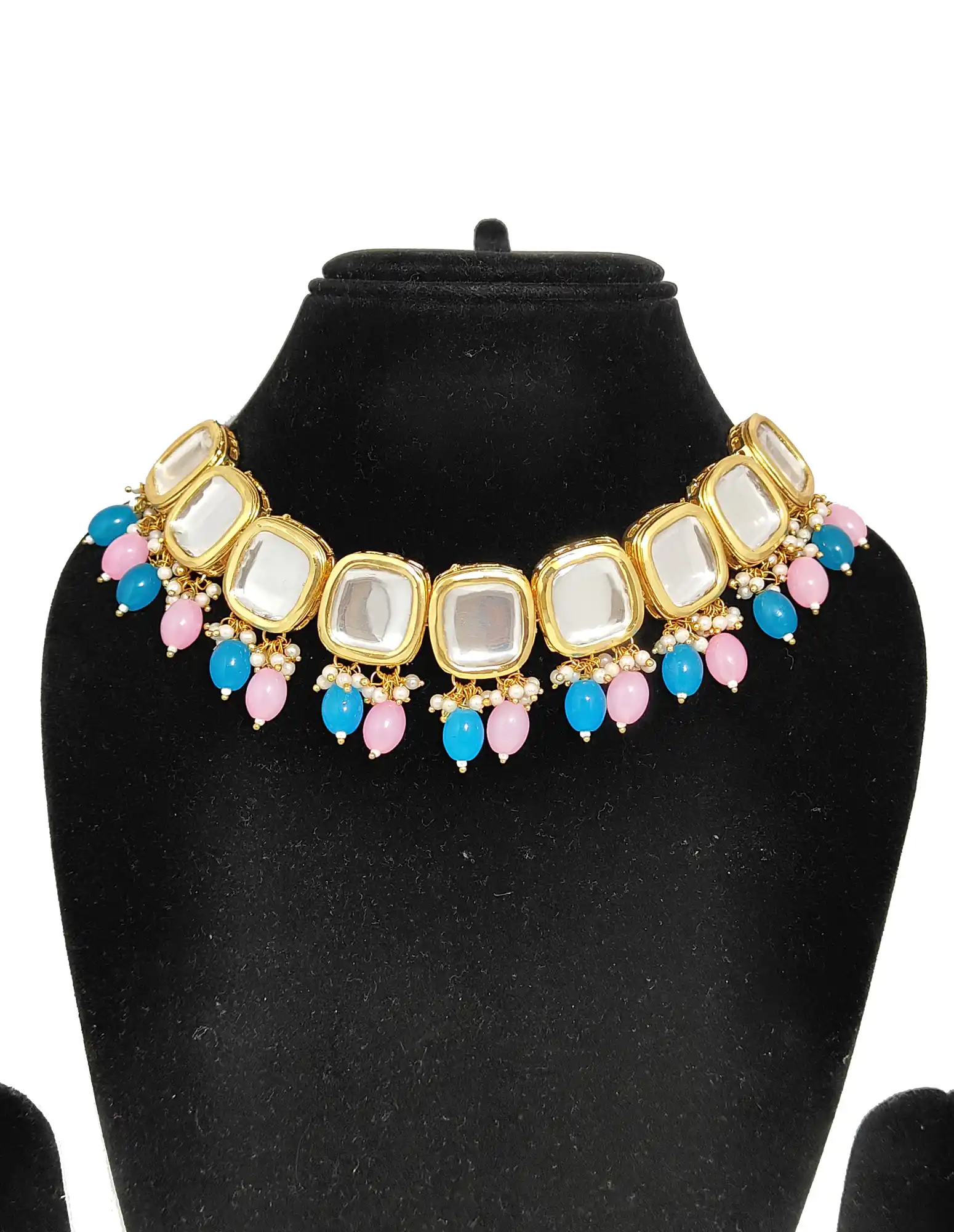 Front view of Simple Kundan Neckalce Set - Pink Kundan Jewellery - Image 3