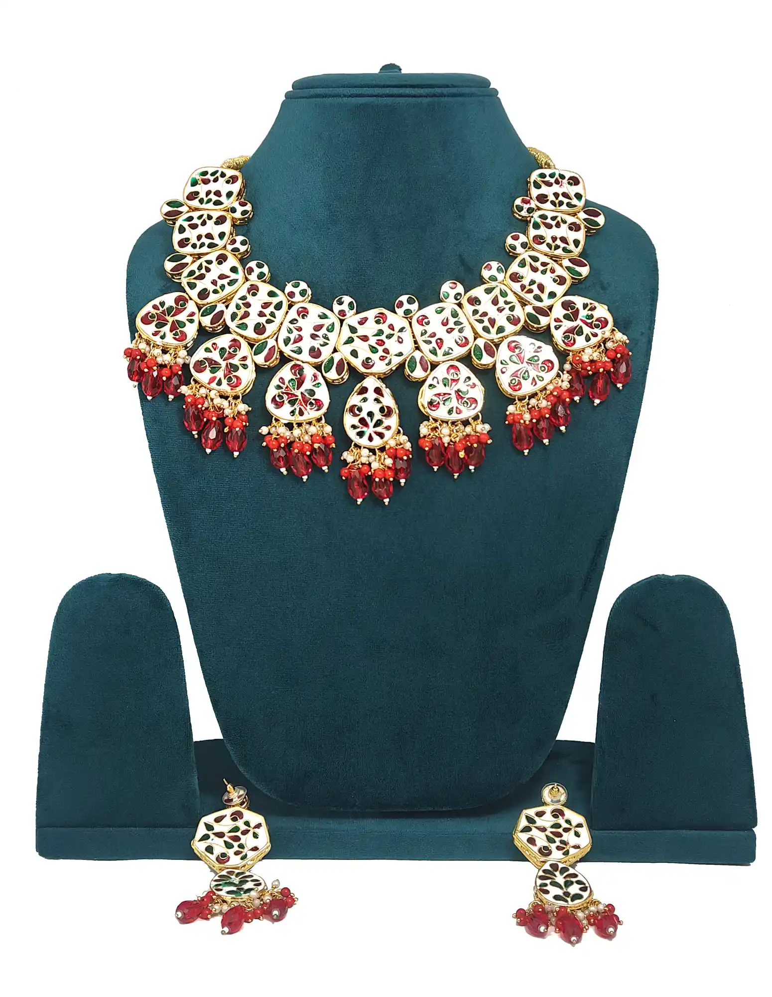Women Wear Necklace and Earring Set With Red Stone - Red Red Stone Kundan Set - Image 3