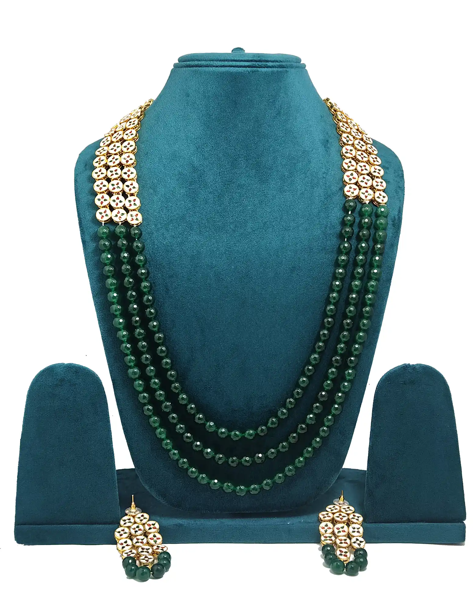 Long Haar Green Beads Necklace Set - Back View