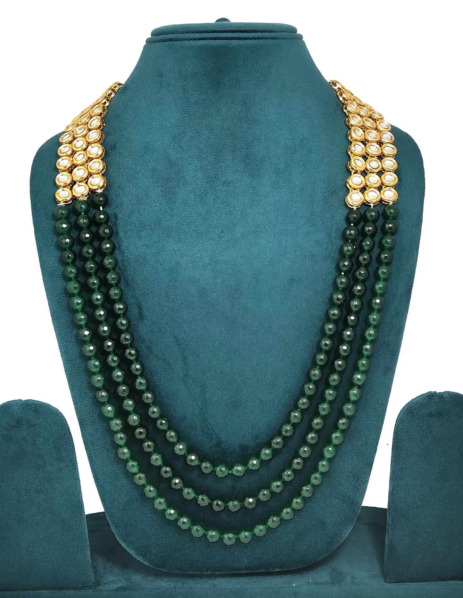 Long Haar Green Beads Necklace Set - Front - Green kundan jewellery - Image 4