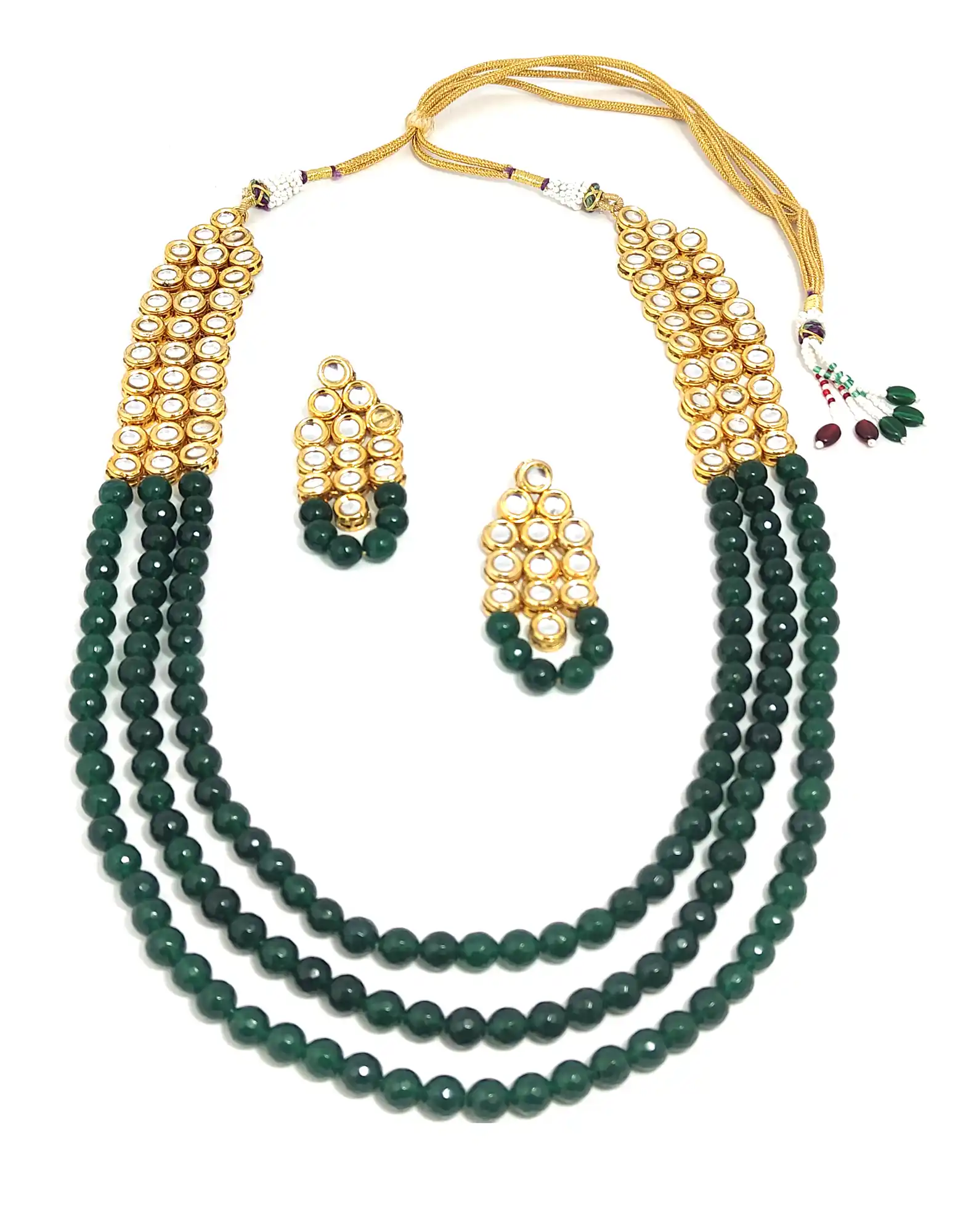 Long Haar Green Beads Necklace Set - Main View - Green kundan jewellery - Image 3
