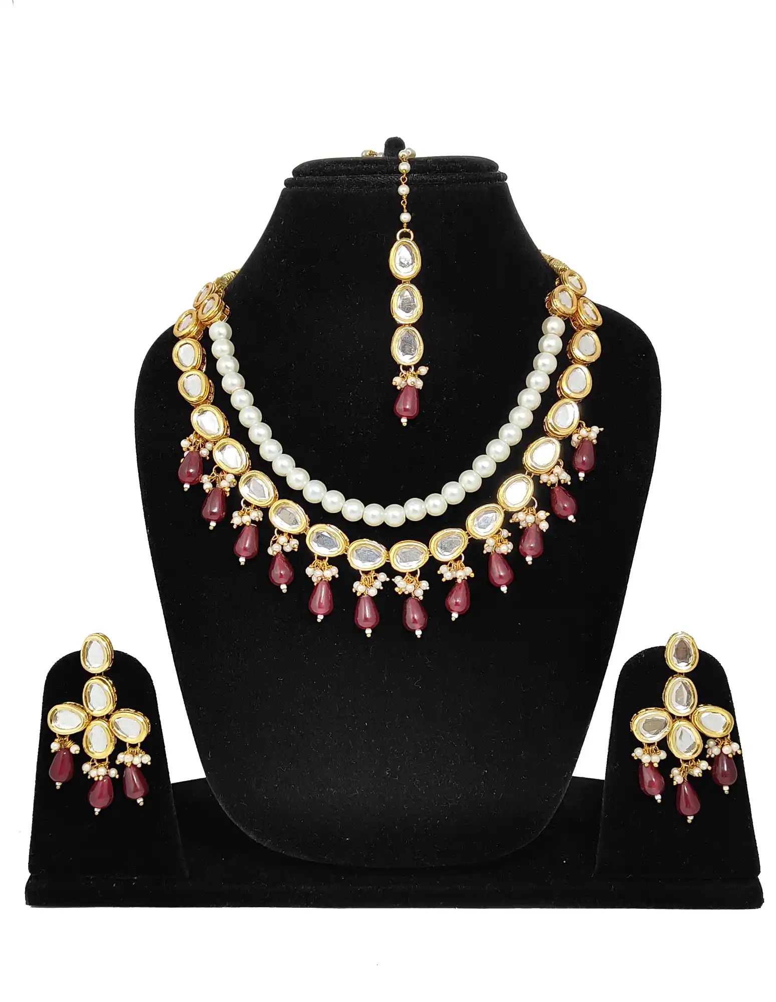 Maroon Pearl Kundan Set