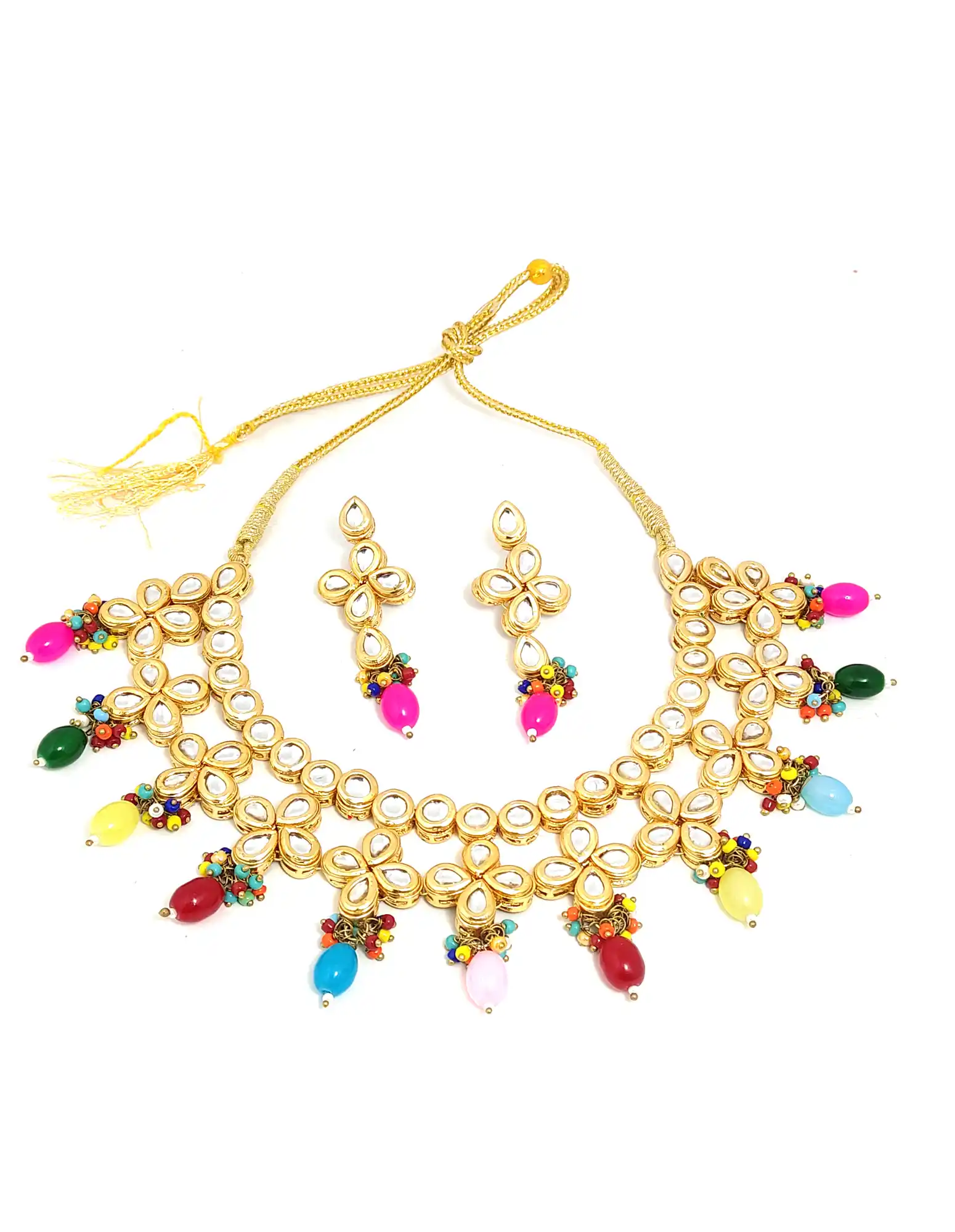 Front View of Multicolor Pearls Kundan Necklace - Multicolor Kundan  Multicolor Necklace Set - Image 4