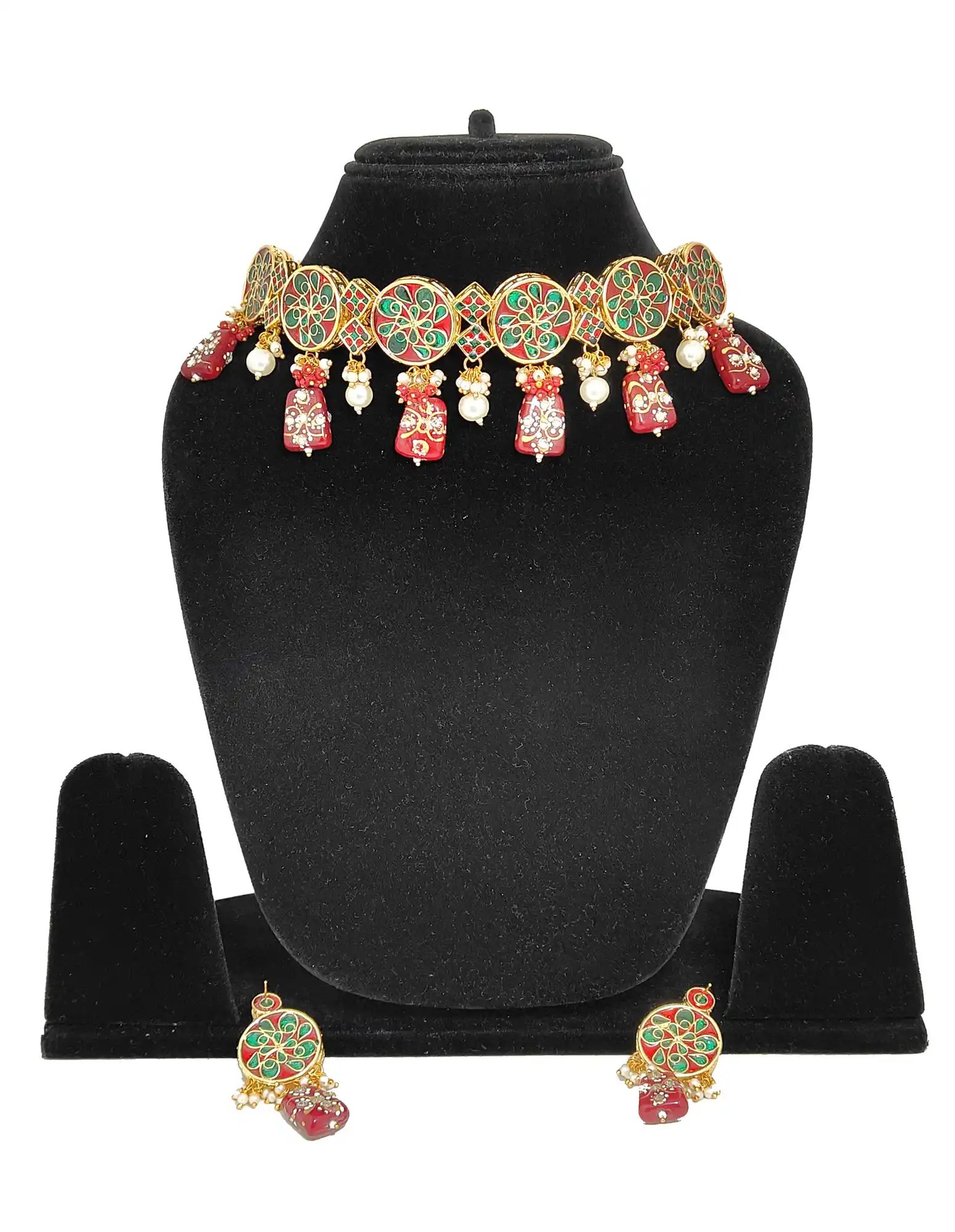 Back View of Meenakari Kundan Red Necklace Set