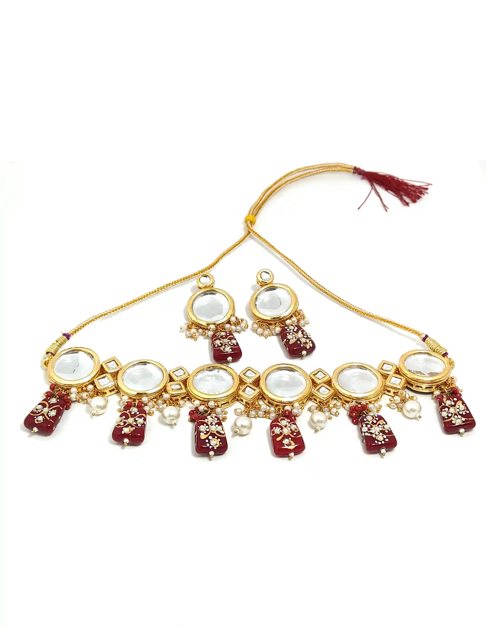 Front View of Meenakari Kundan Red Necklace Set - Red Kundan Jewellery - Image 3