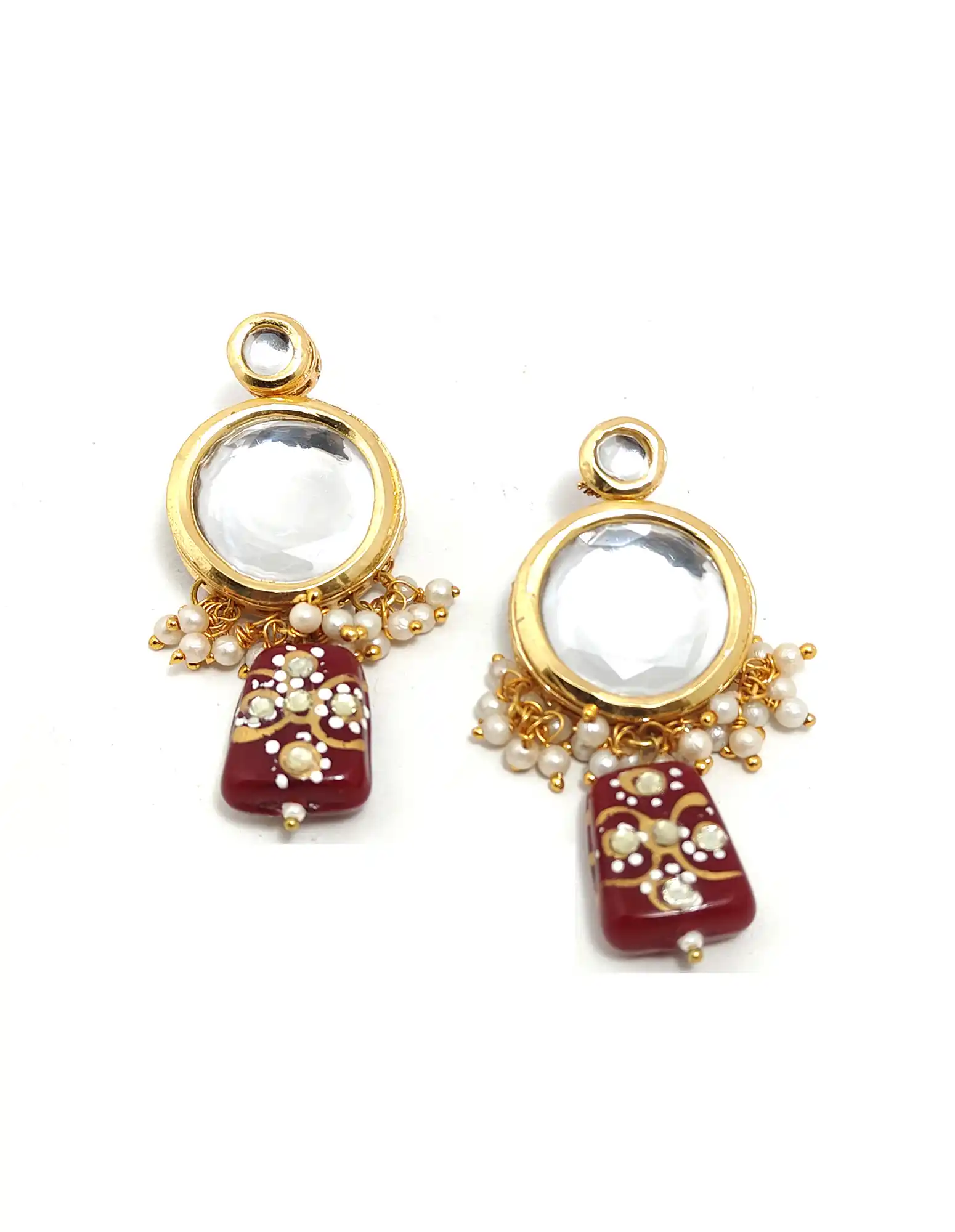 Earrings of Meenakari Kundan Red Necklace Set - Red Kundan Jewellery - Image 4