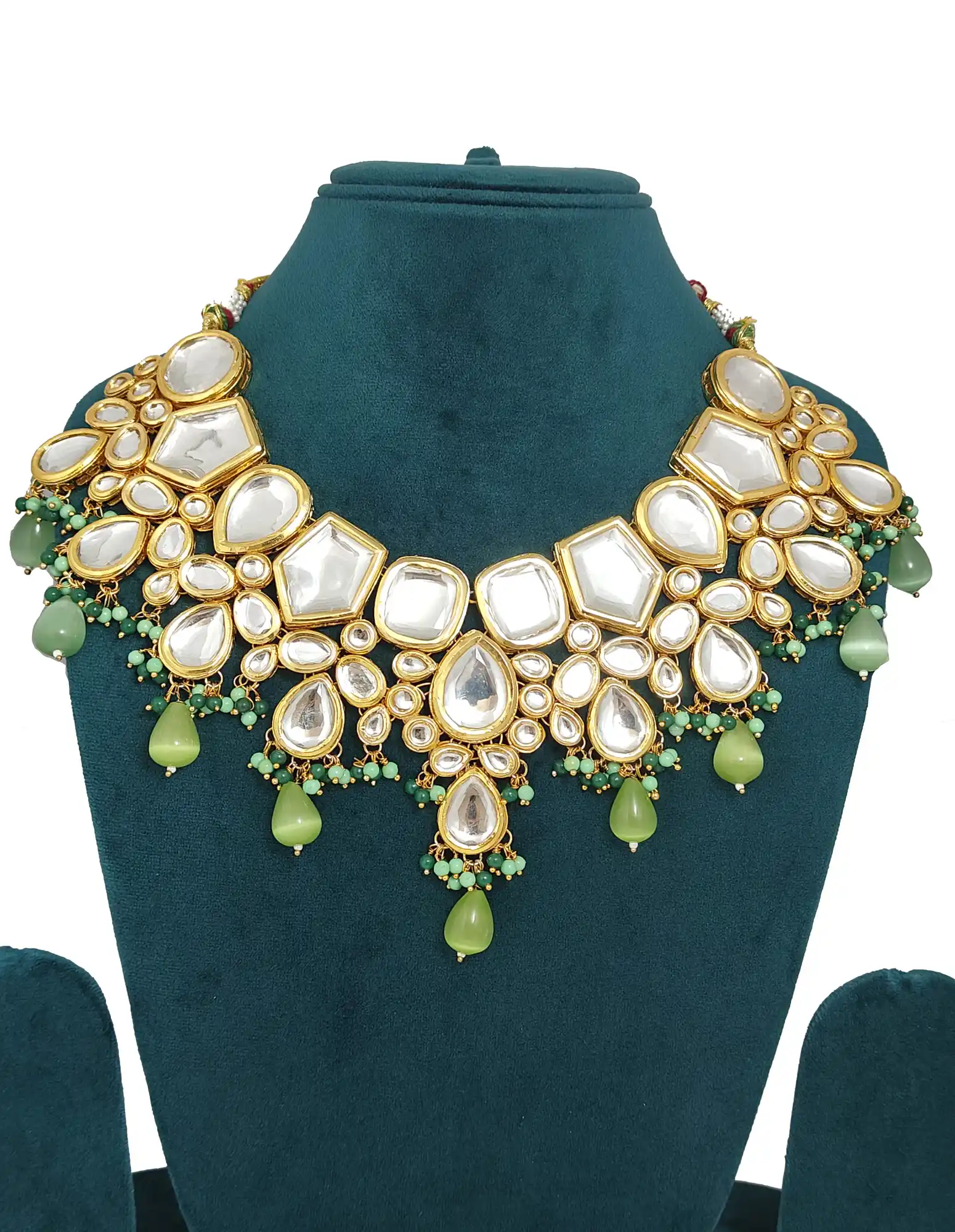 Mint Green Combo Jewellery Set for Girls - Green Kundan Monalisa Necklace - Image 3