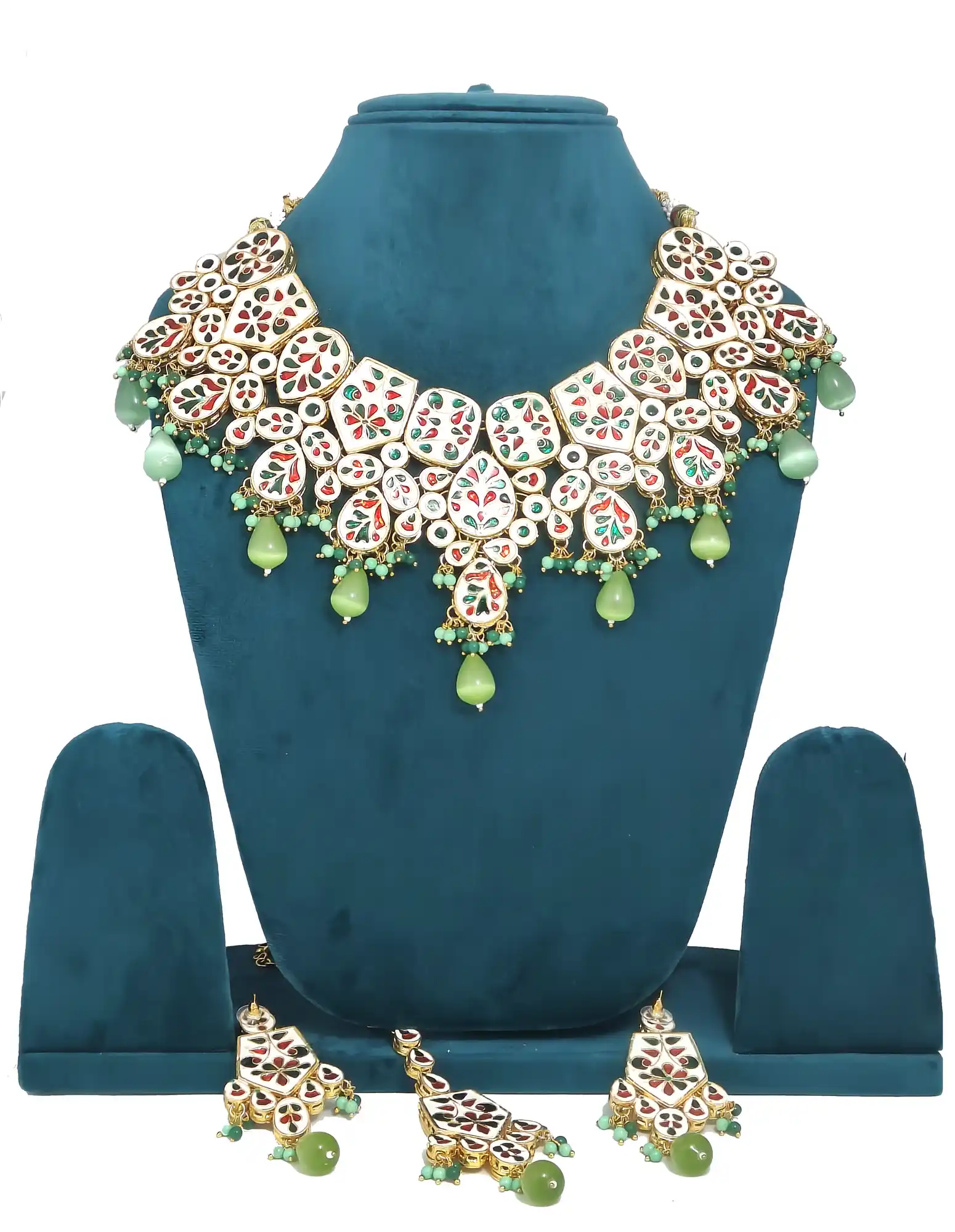 Mint Green Tikka Earring Combo Jewellery Set- Back - Green Kundan Monalisa Necklace - Image 4