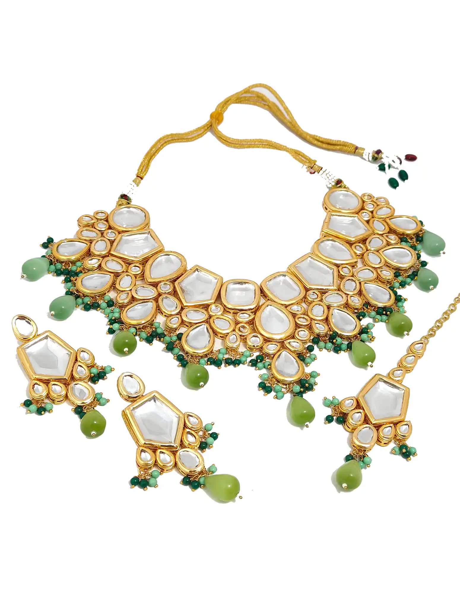 Mint Green Tikka Earring Combo Jewellery Set- Main - Green Kundan Monalisa Necklace - Image 5