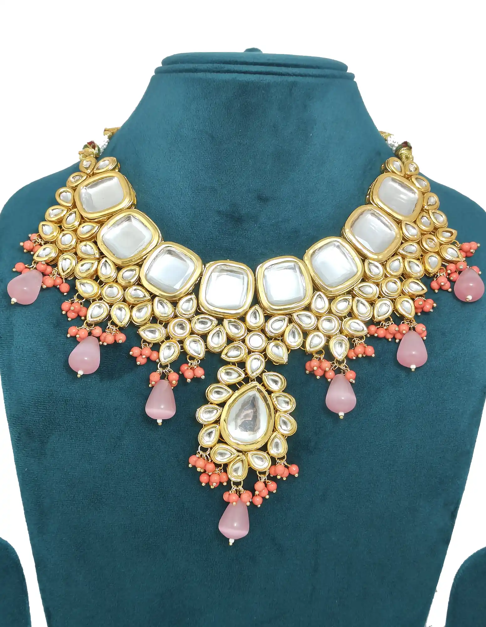 Main View of Monalisa Stone Bridal Kundan set - Pink Kundan Monalisa Necklace Set - Image 3
