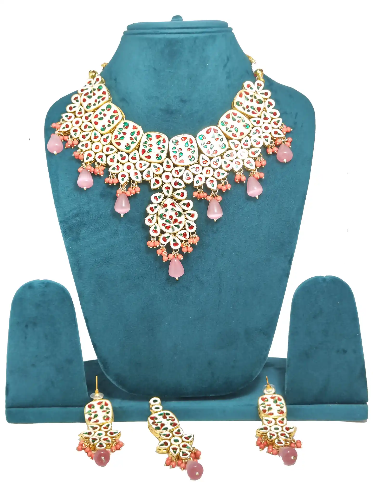 Back View of Monalisa Stone Bridal Kundan Set - Pink Kundan Monalisa Necklace Set - Image 4