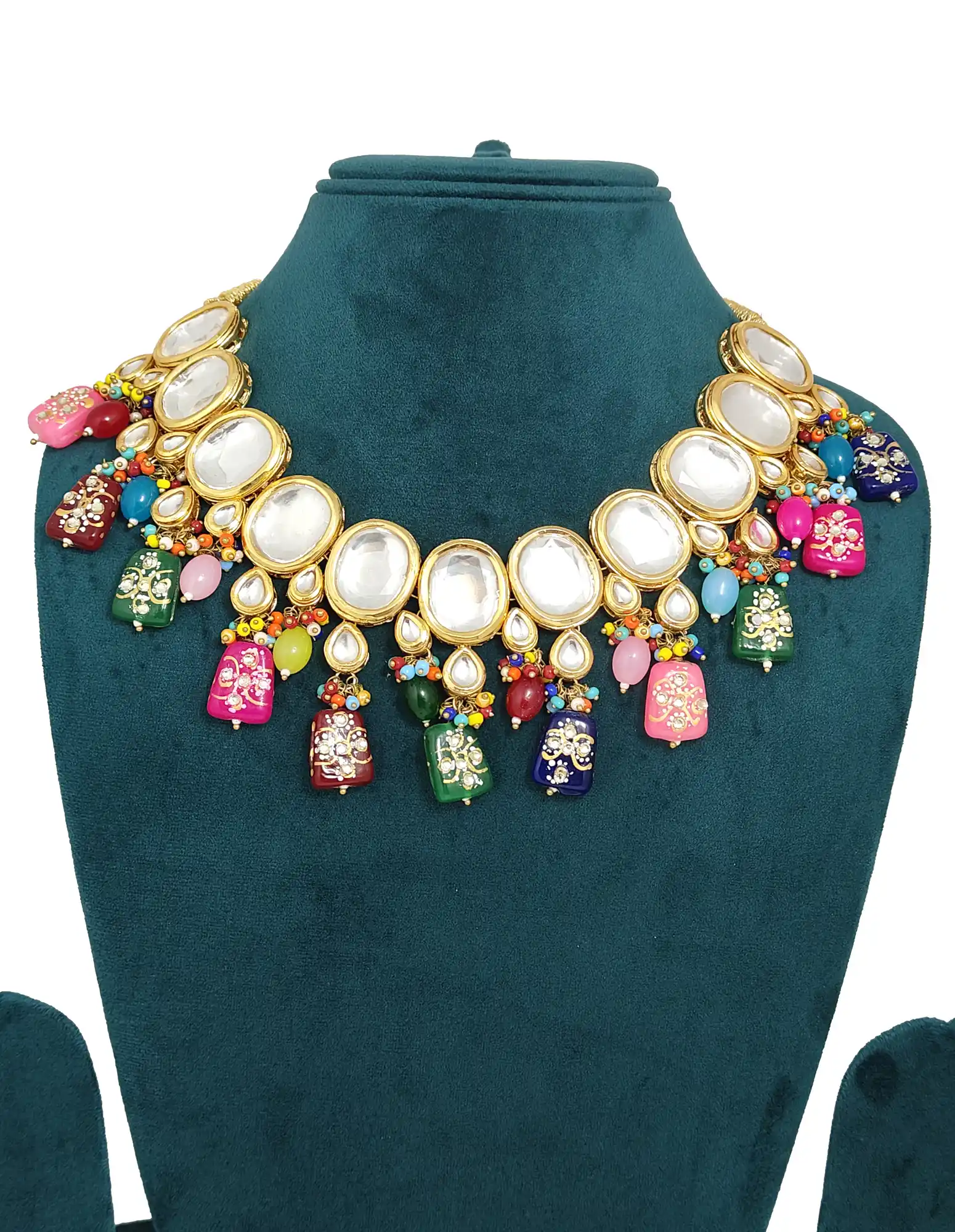 Kundan Meena Necklace Set Multicolor - Multicolor Kundan Studded Necklace Set - Image 3