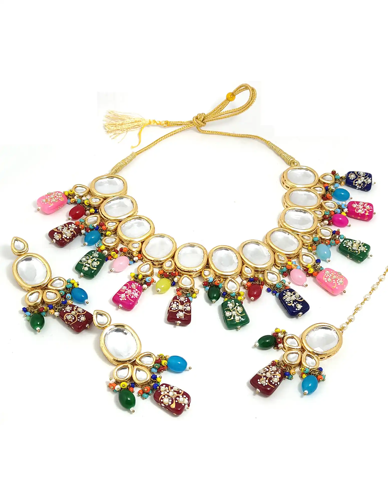 Kundan Necklace Set with Backside Meena Work - Multicolor Kundan Studded Necklace Set - Image 5