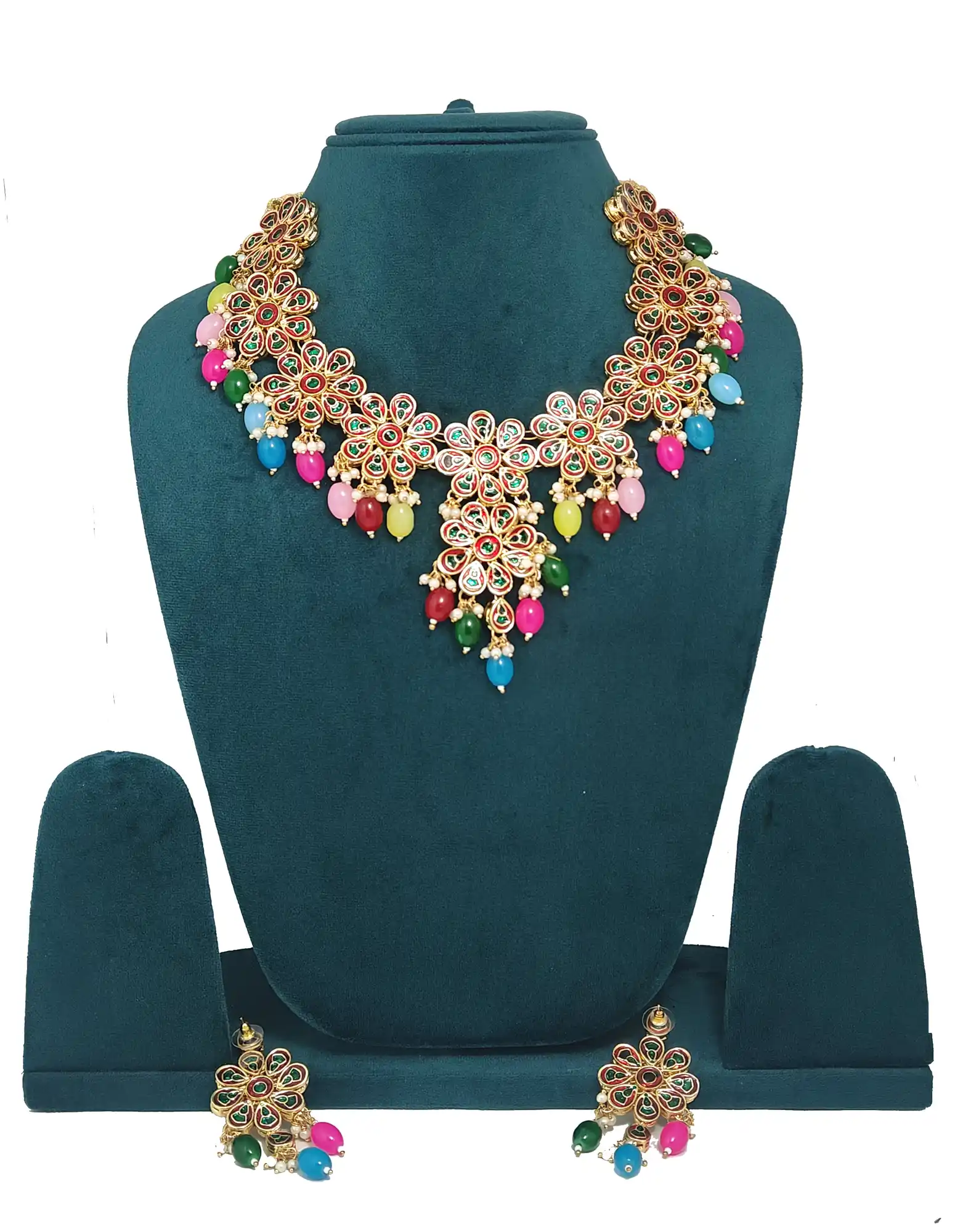 Back Side Multicolor Pearls Meenakari Kundan Set - Multicolor Kundan Necklace Set - Image 3