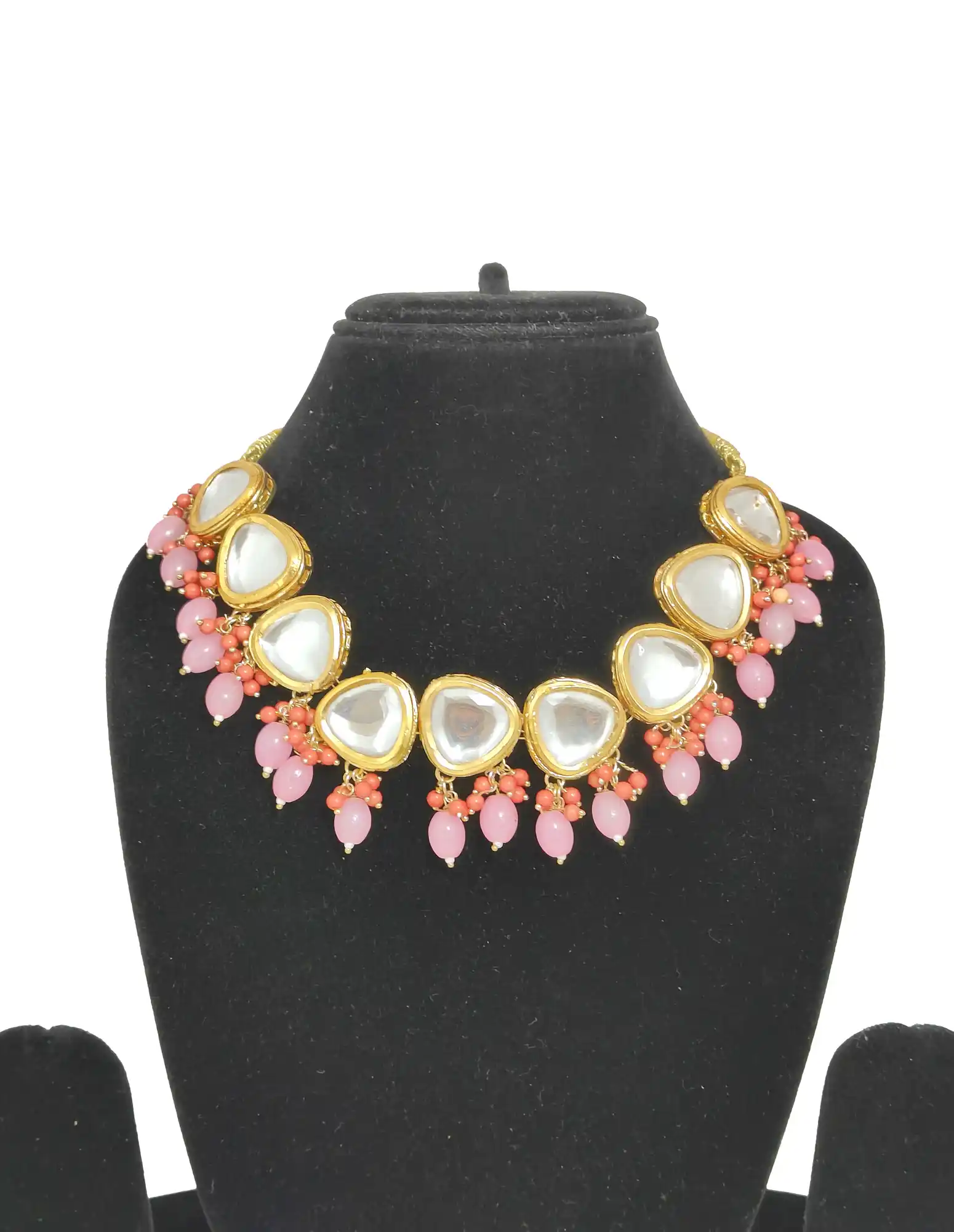 Front View of Pink Pearl Kundan Necklace Set - Pink Pink Pearl Kundan Necklace Set - Image 3