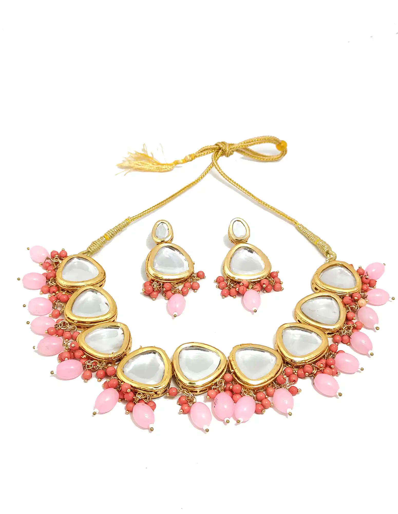 Main View of Pink Pearl Kundan Necklace Set - Pink Pink Pearl Kundan Necklace Set - Image 4