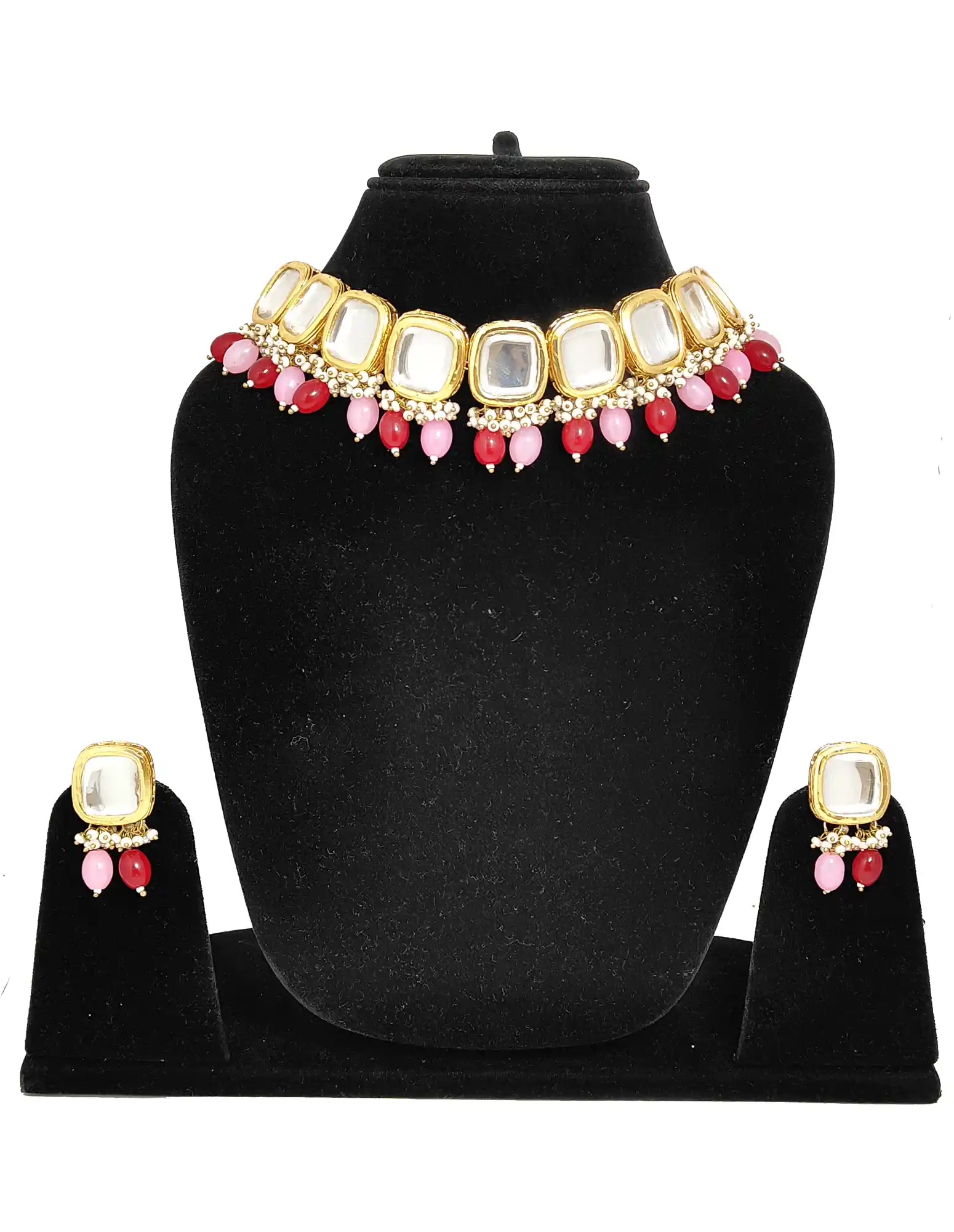 Pink & Red Pearls Kundan SIngle Layer Necklace Set