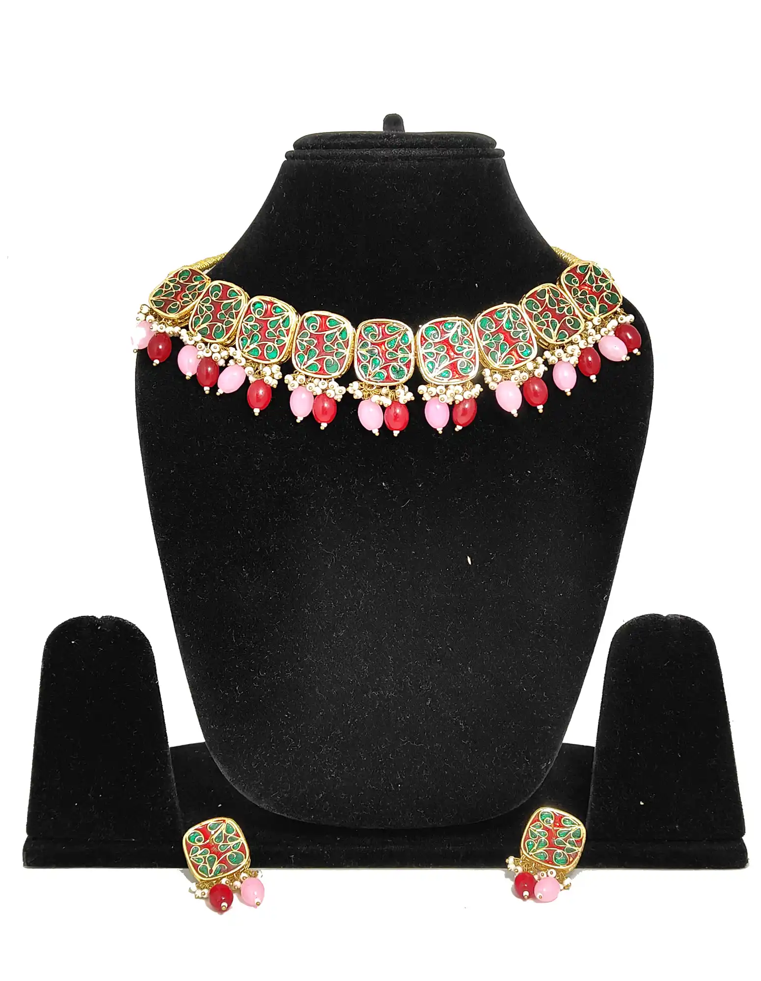 Pink & Red Pearls Kundan SIngle Layer Necklace Set