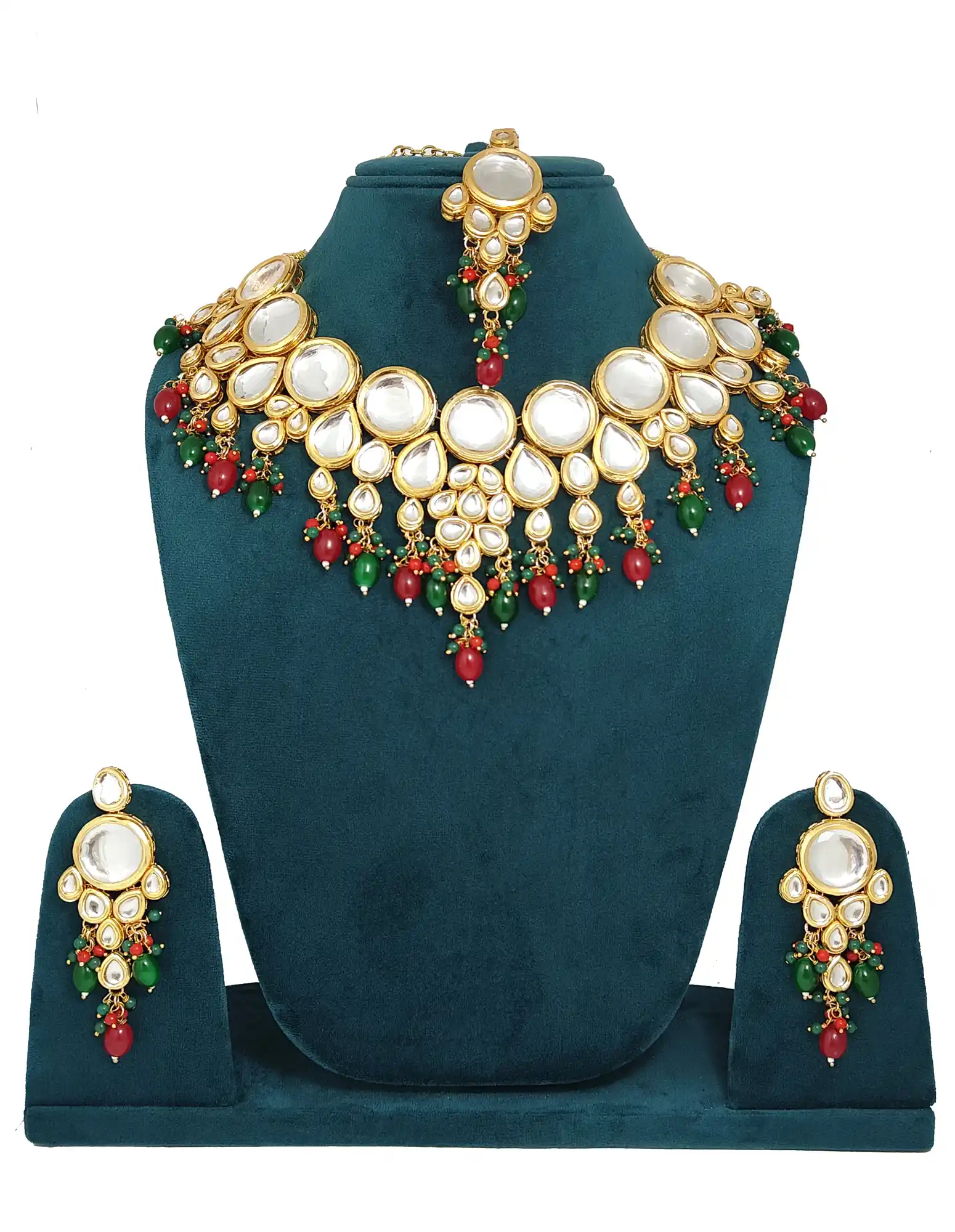 Red and Green Kundan Necklace Set - for jewellery making