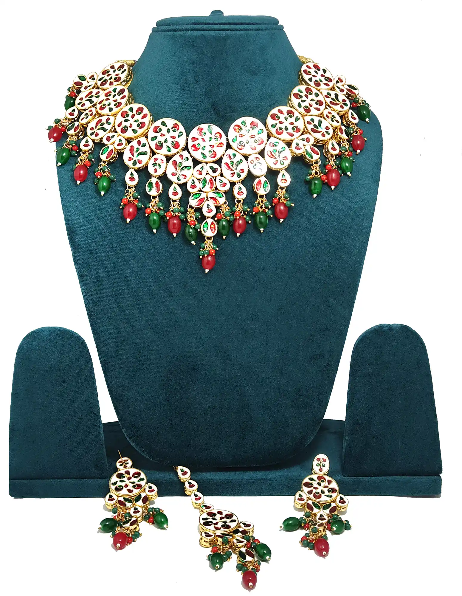 Back necklace of Red and Green Kundan Necklace Set - Multicolor Red and Green Kundan Necklace Set - Image 3