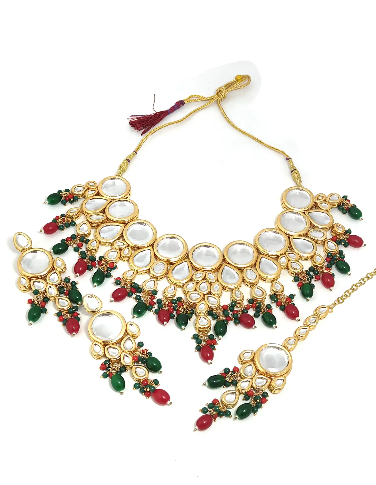 Main view of Red and Green Kundan Necklace Set - Multicolor Red and Green Kundan Necklace Set - Image 4